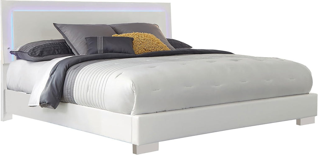Coaster Home Furnishings Felicity Contemporary 4-Piece Bedroom Set Queen Size LED Panel Bed Frame 49-inch Headboard White High Gloss 203500Q-S4