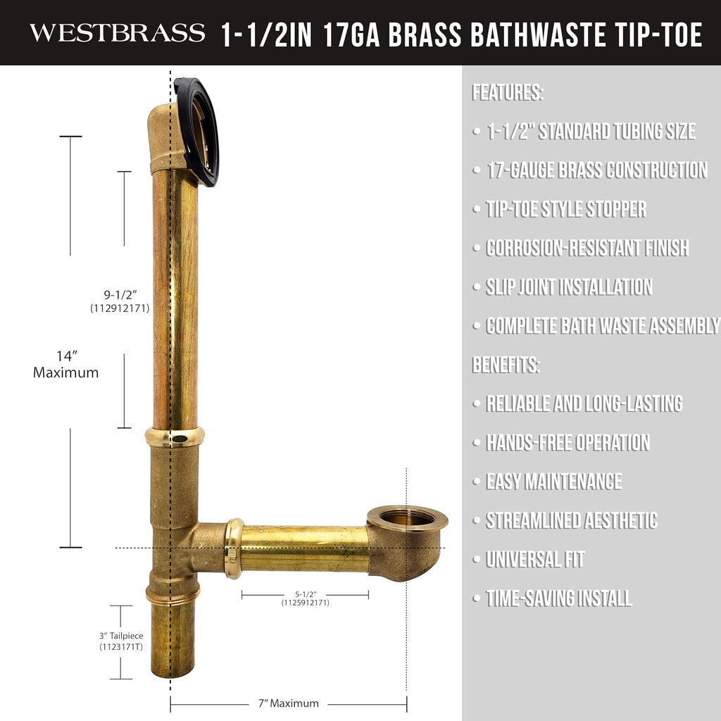 Westbrass A323-20 14' Bath Waste & Overflow Assembly with Trip Lever and Beehive Strainer Grid Drain, Stainless Steel