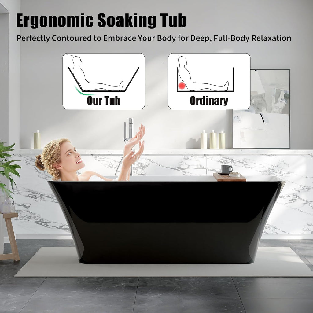 Freestanding Bathtub 67 inch Black and White Acrylic Tub, Deep Soaking Modern Bath for Bathroom Remodel and Home Spa Relaxing Comfort