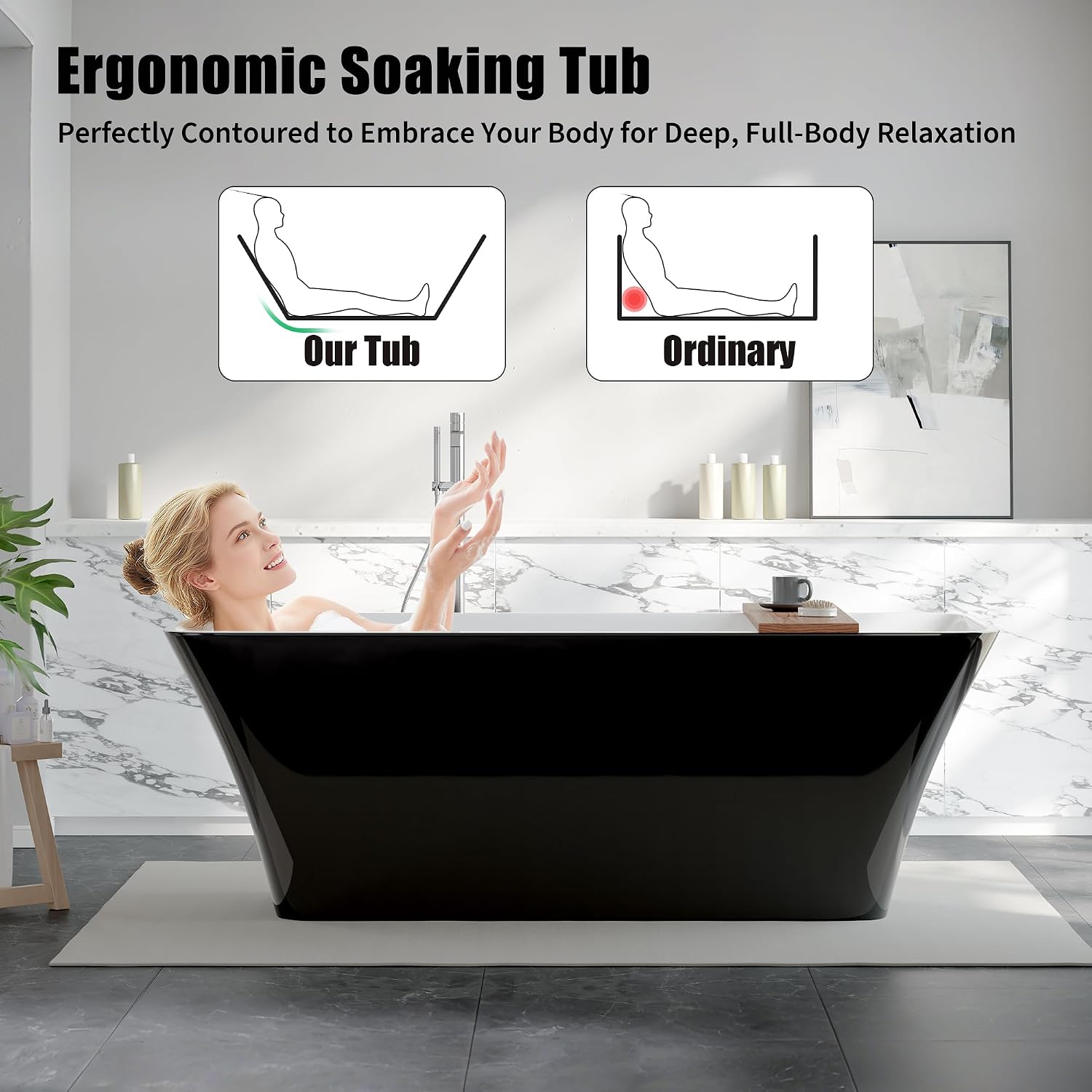 Freestanding Bathtub 67 inch Black and White Acrylic Tub, Deep Soaking Modern Bath for Bathroom Remodel and Home Spa Relaxing Comfort