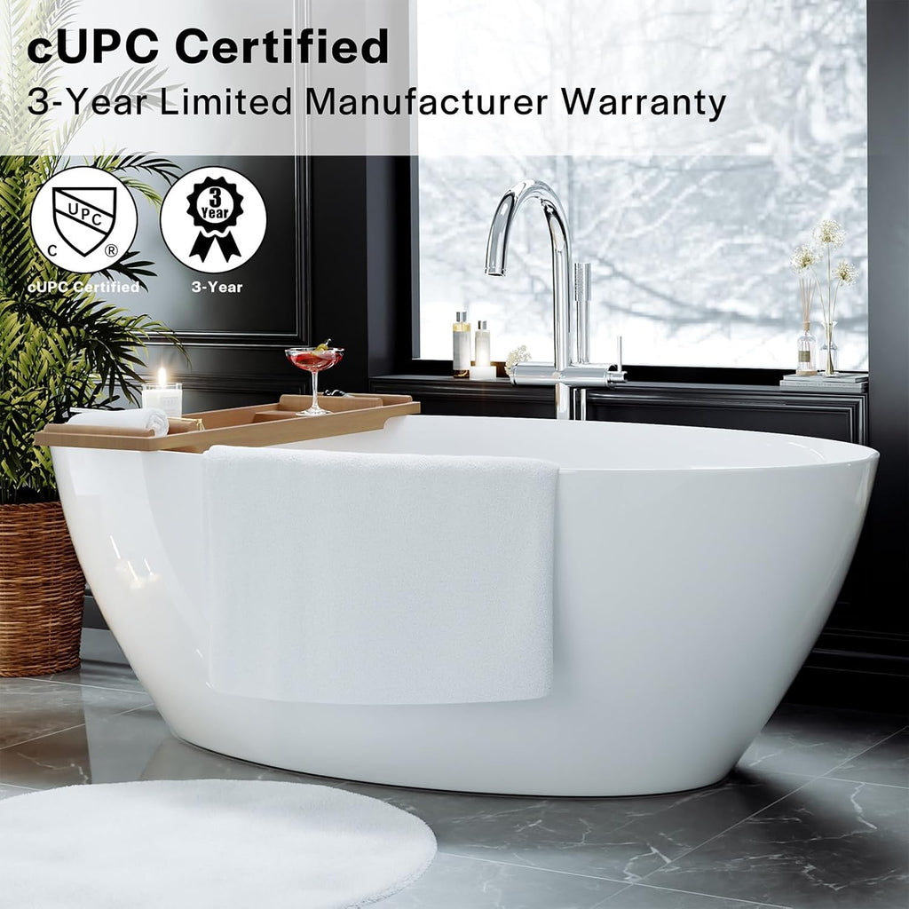 Empava Freestanding Bathtub, 71' Soaking Tub with Center Drain & Overflow – Acrylic Tub, Non-Slip Flat Bottom, Glossy White, cUPC Certified