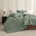 QSH 3PCs Stonewashed Cotton Quilt King (110'x98'),Olive Green Ruffle Quilt King Size Bedding Set,Ultra Lightweight Soft Crinkled Bedspread Coverlet King Shabby Farmhouse Chic Bedding for All Seasons