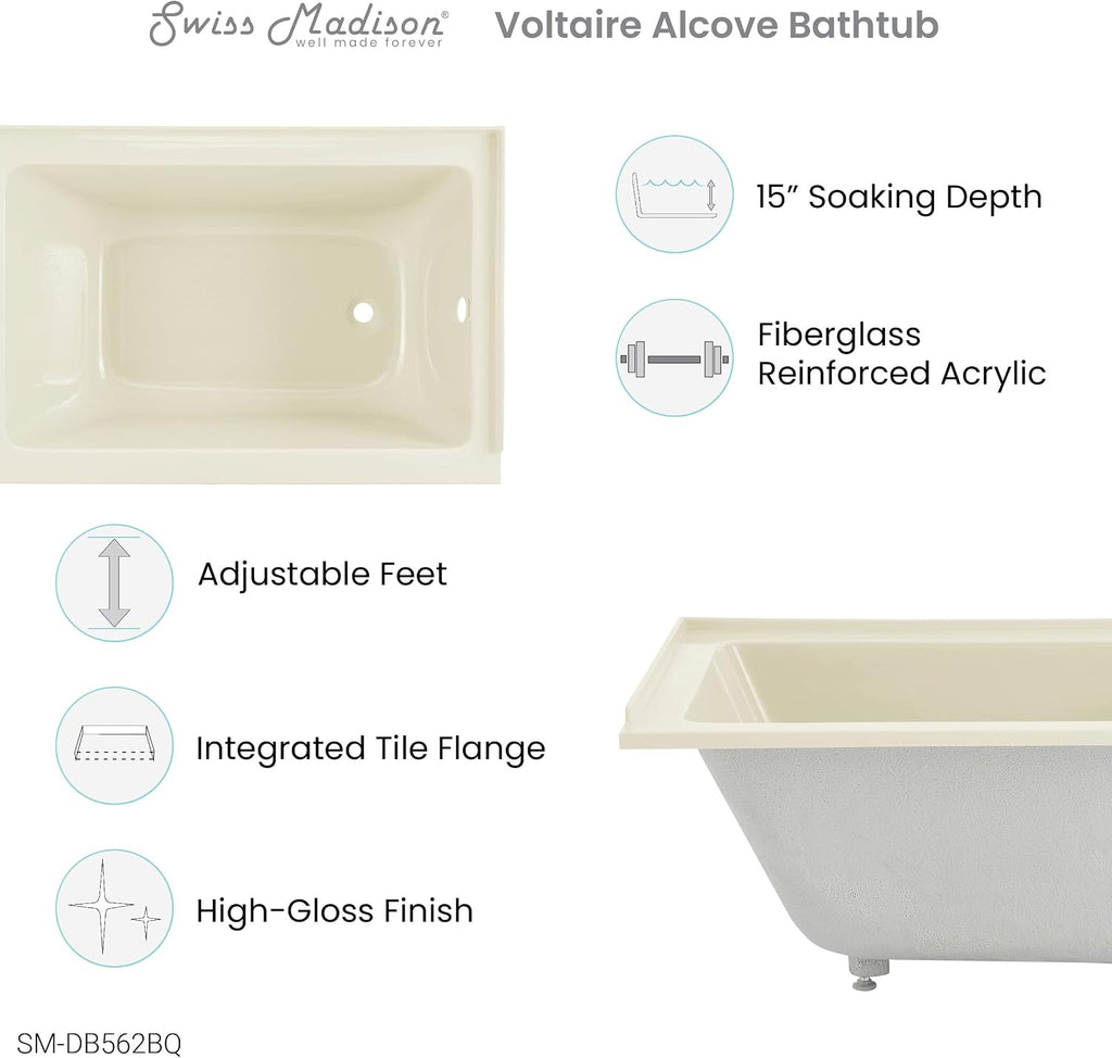 Swiss Madison Voltaire 48' x 32' Right-Hand Drain Alcove Bathtub in Bisque