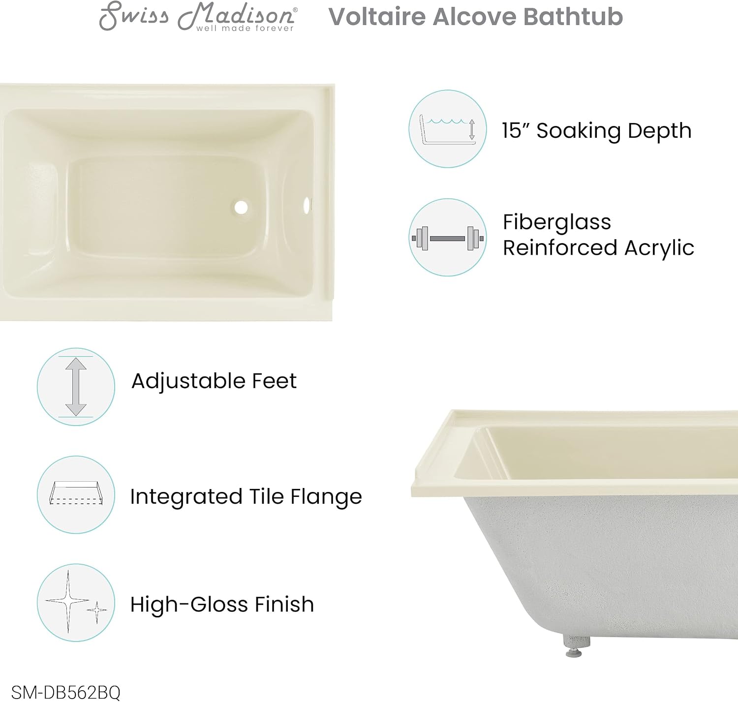 Swiss Madison Voltaire 48' x 32' Right-Hand Drain Alcove Bathtub in Bisque
