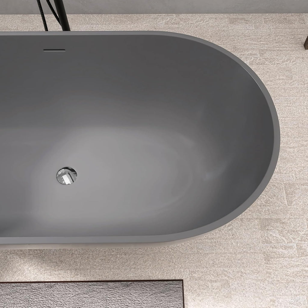 59'' Dark Grey Freestanding Tubs Bathtub Solid Surface Resin Stone Bathtubs soaker Tubs Oval Shaped Matte Luxury Modern Soaking Tub with Overflow and Pop-up Drain