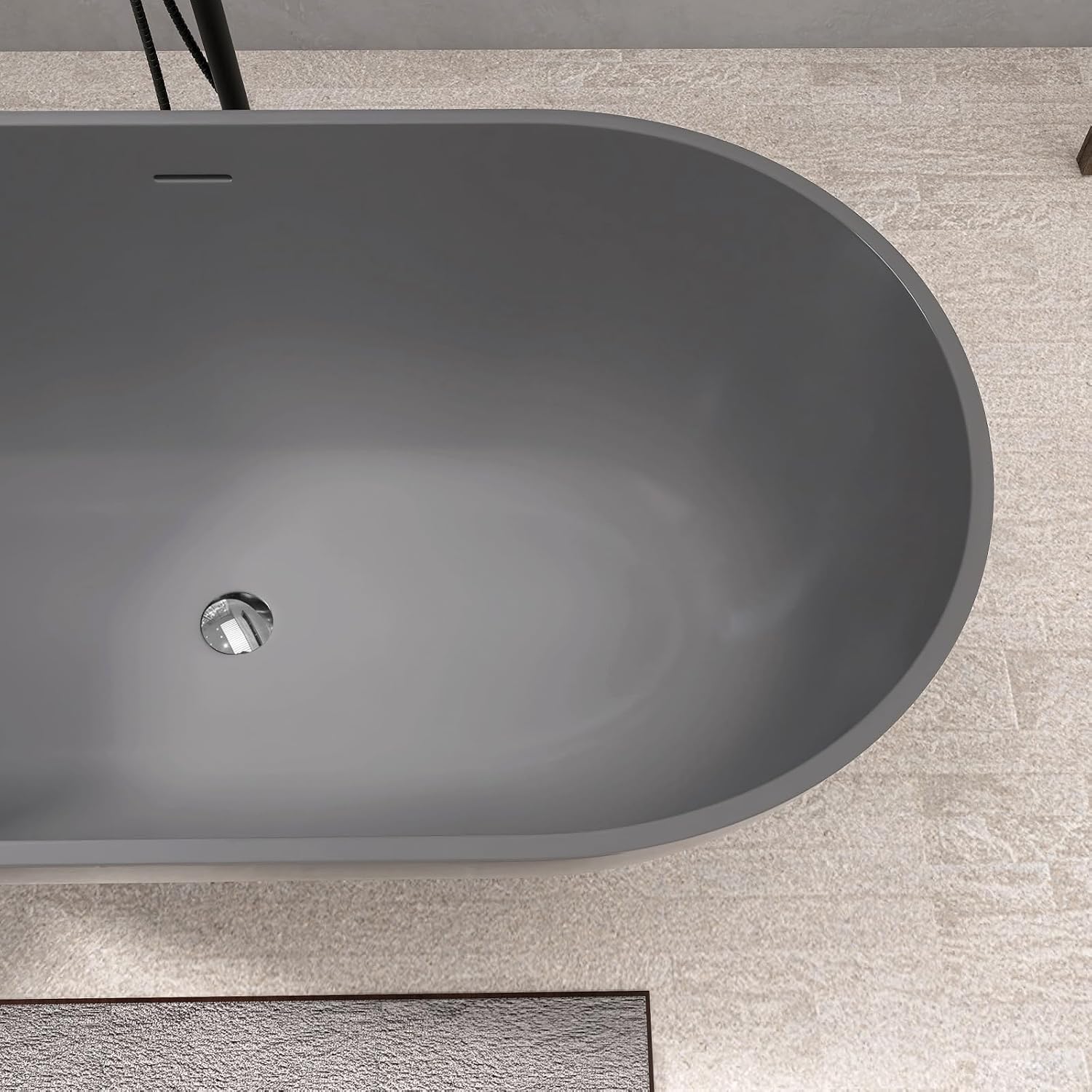 59'' Dark Grey Freestanding Tubs Bathtub Solid Surface Resin Stone Bathtubs soaker Tubs Oval Shaped Matte Luxury Modern Soaking Tub with Overflow and Pop-up Drain