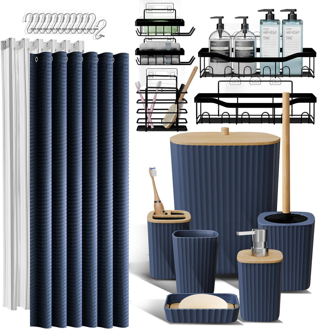 Hearth & Harbor Bathroom Accessories Set - Bathroom Set, 20PC Bathroom Accessory Set, Shower Curtain Set, Toilet Brush, Trash Can & Soap Dispenser (Navy Blue, Shower Caddy + Bathroom Set)