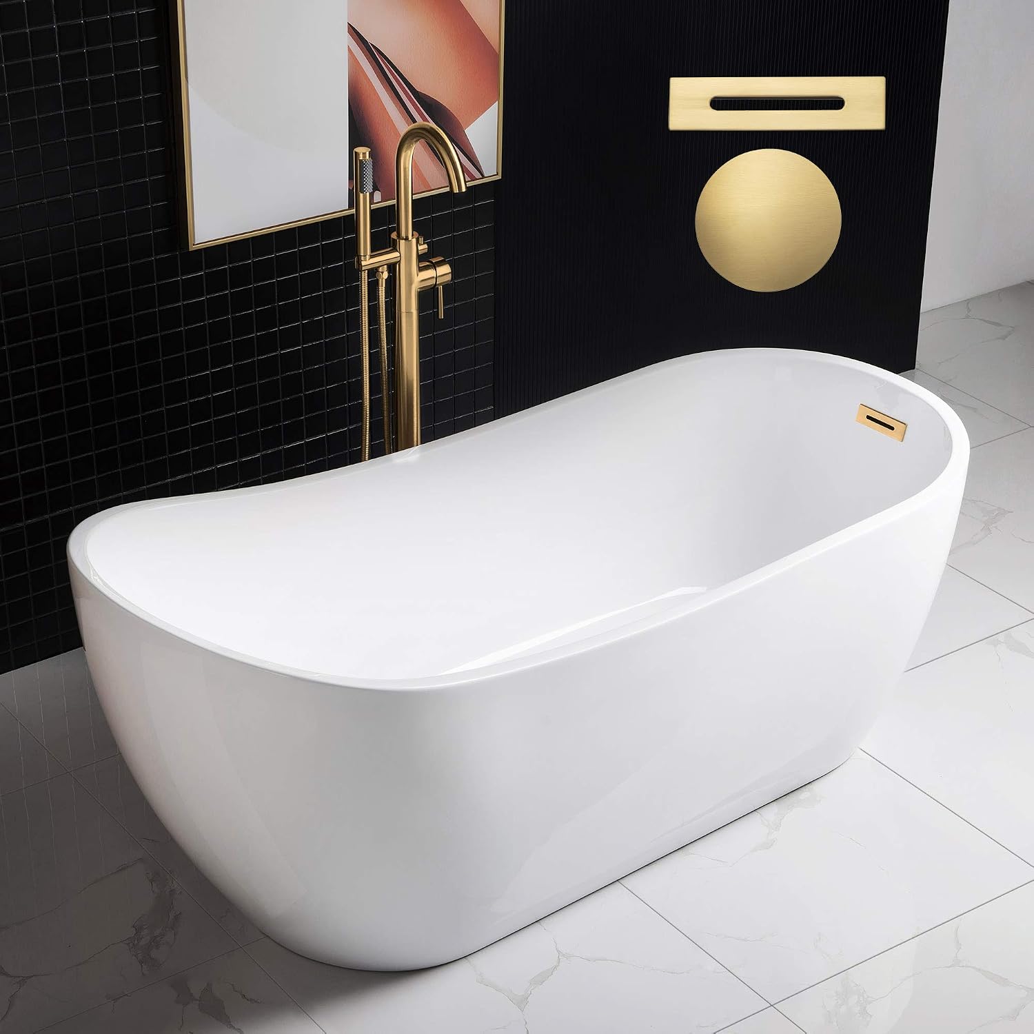 WOODBRIDGE 67' Acrylic Freestanding Bathtub Contemporary Soaking White Tub with Brushed Gold Overflow and Drain，B0001 -BG-Drain &O