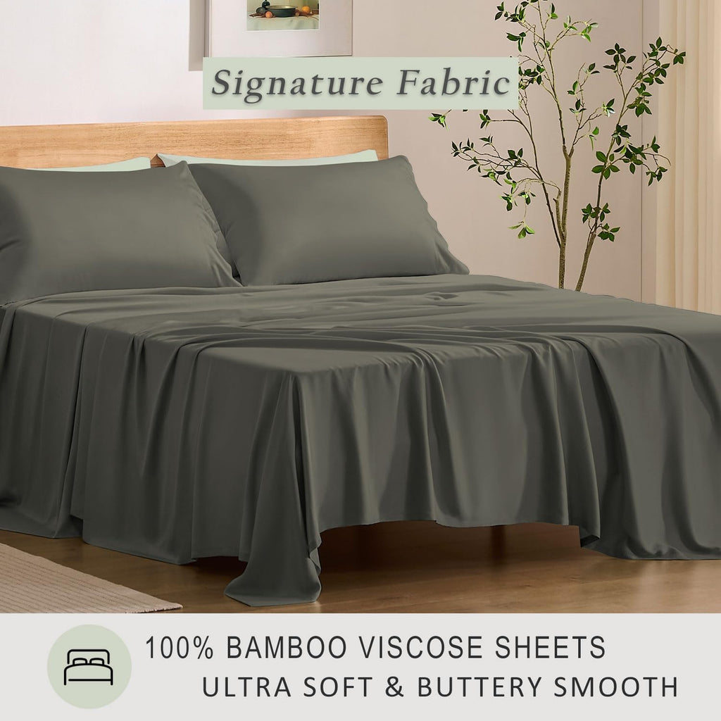 TOSMO Luxury Cooling Sheet Set - 100% Viscose from Bamboo, 4-Piece Bedding Set (Full Size) - 18' Extra Deep Pockets, Oeko-Tex Certified, Silky Soft and Breathable, Charcoal