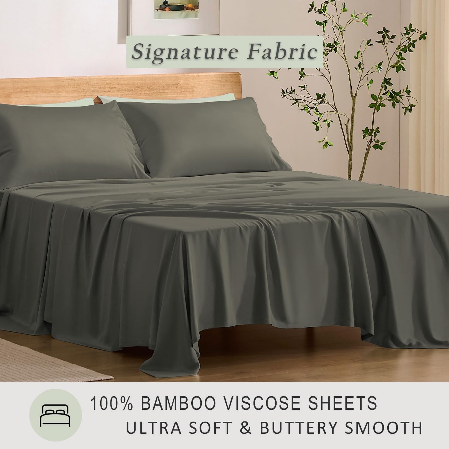 TOSMO Luxury Cooling Sheet Set - 100% Viscose from Bamboo, 4-Piece Bedding Set (Full Size) - 18' Extra Deep Pockets, Oeko-Tex Certified, Silky Soft and Breathable, Charcoal
