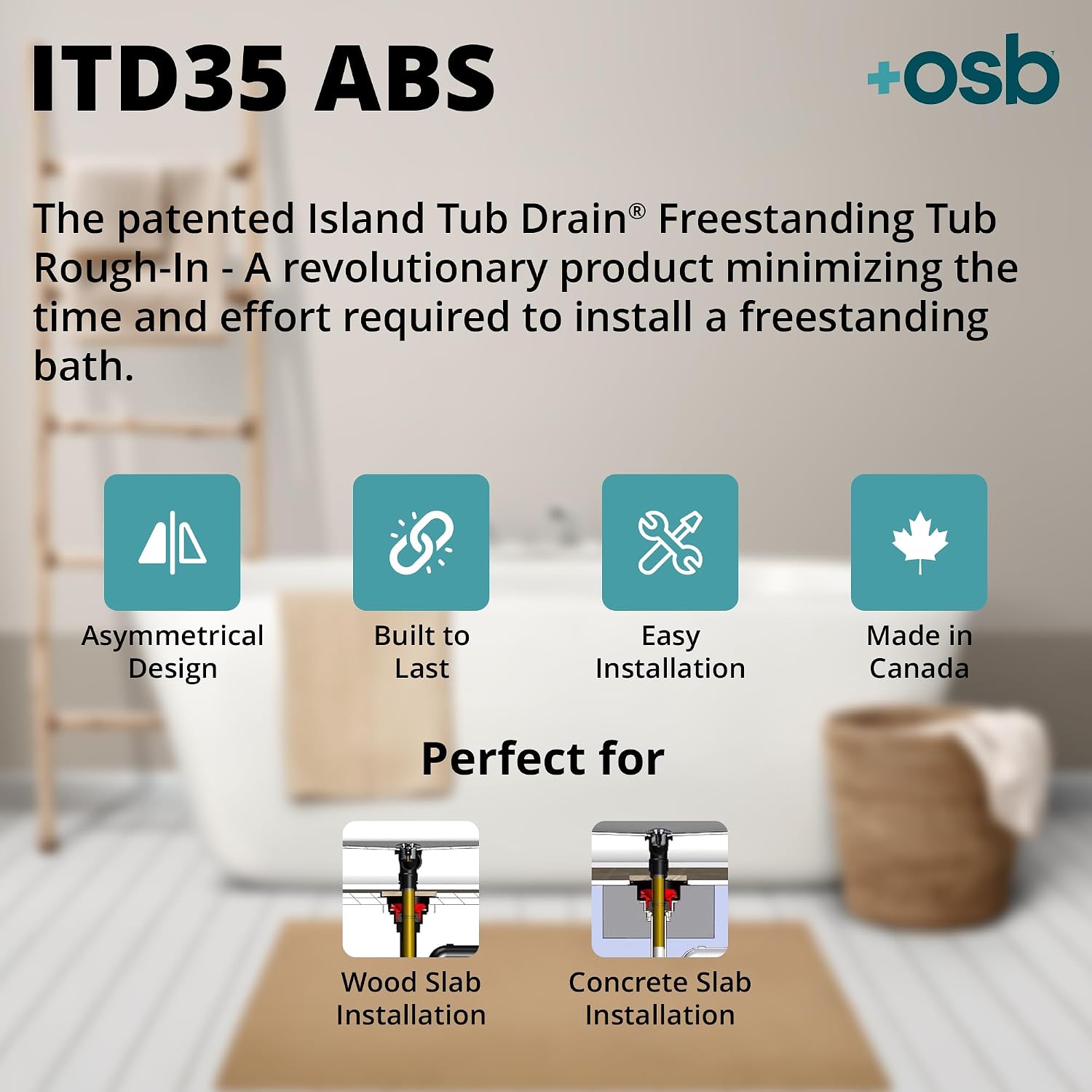 OS&B ITD35 - Two Piece ABS Pipe Freestanding Tub Drain Kit & Rough-In - Easy Installation, Asymmetrical Deck Plate, Water, Air, & Smoke Testable - Designed for 8'/10' Joist Spaces & Tight Bathrooms