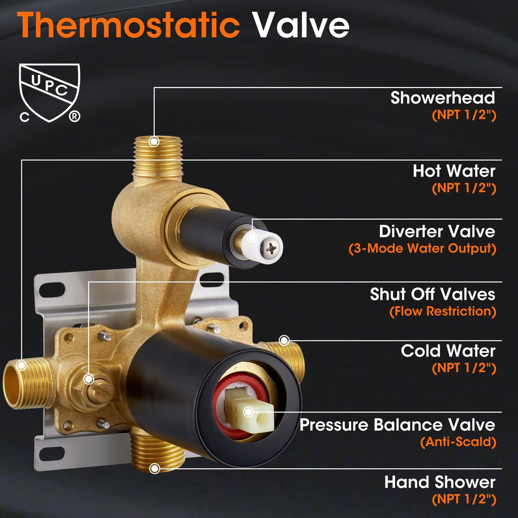 Rainfall Shower Head System with Pressure Balance Valve 9 Inch Bathroom Luxury Rain Mixer Shower Combo Set Wall Mounted Antique Shower Faucet Sets with Vintage Handheld Spray Matte Black