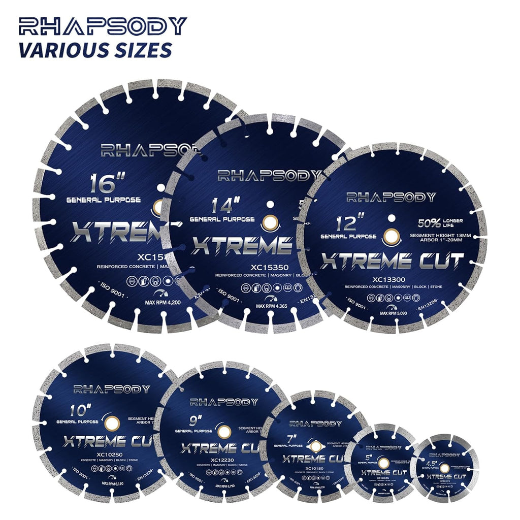 RHAPSODY 10 Inch Diamond Saw Blade 5Pcs, Segmented General Purpose Blade Dry/Wet Cutting Concrete, Masonry,Granite,Brick, Block,7/8'-5/8' Arbor