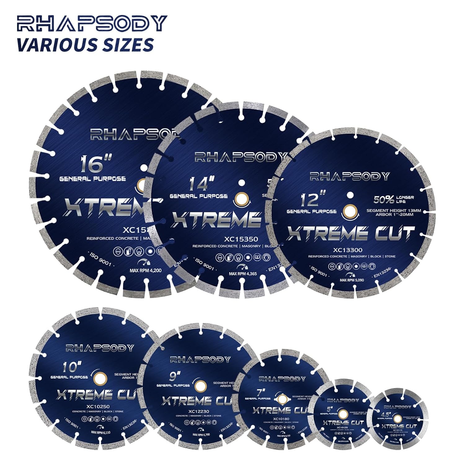 RHAPSODY 10 Inch Diamond Saw Blade 5Pcs, Segmented General Purpose Blade Dry/Wet Cutting Concrete, Masonry,Granite,Brick, Block,7/8'-5/8' Arbor