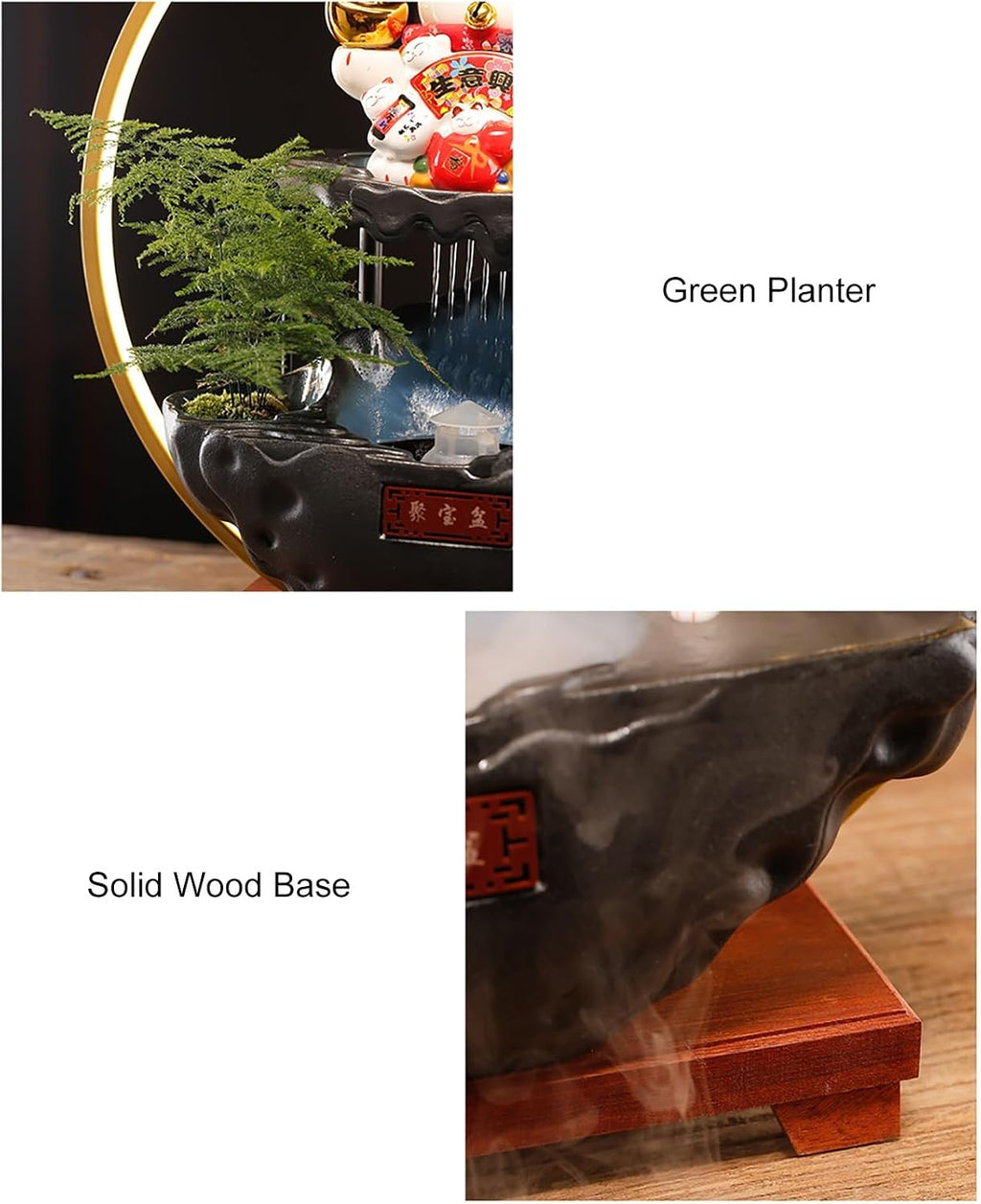 Indoor Tabletop Waterfall Fountain with Lucky Cat, Desk Small Fountain, LED Light Ring, Indoor Waterfall Feature, and Backflow Incense Burner