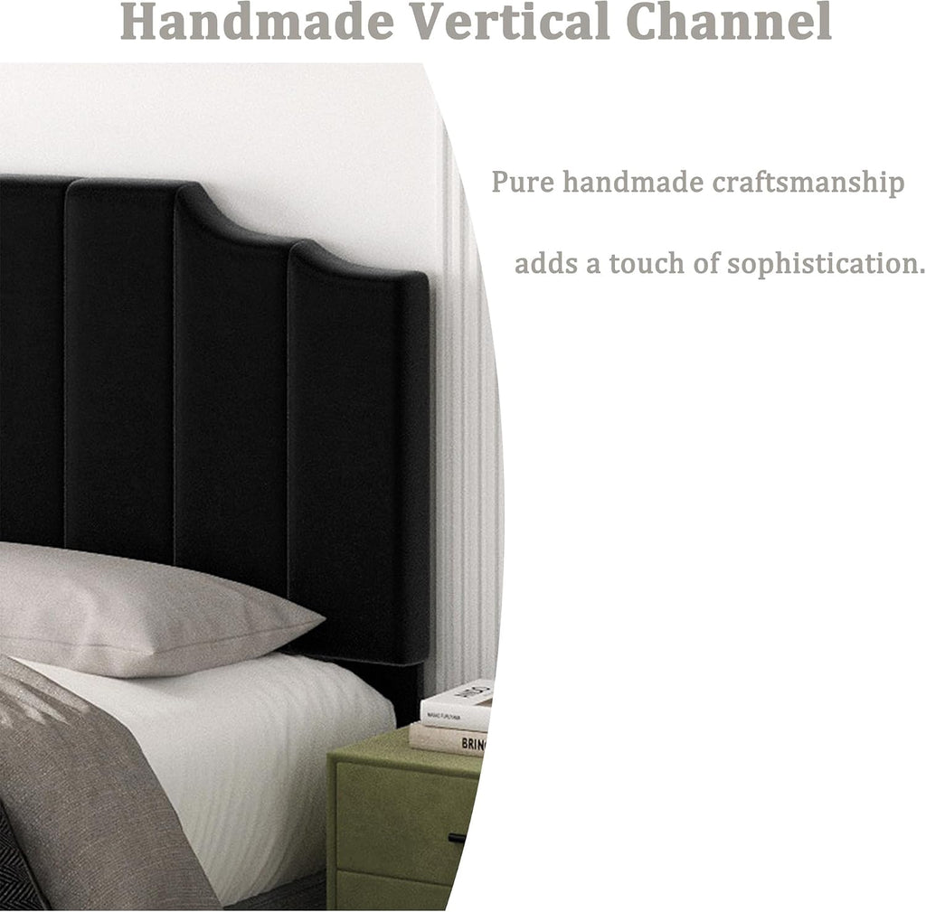 Befurtori Queen Size Headboard Only, Velvet Wall Mounted Headboard Queen Size for Adjustable Bed, Modern Vertical Channel Design with Curved Tufted Upholstered Head Board and Luxury Soft Padded, Black