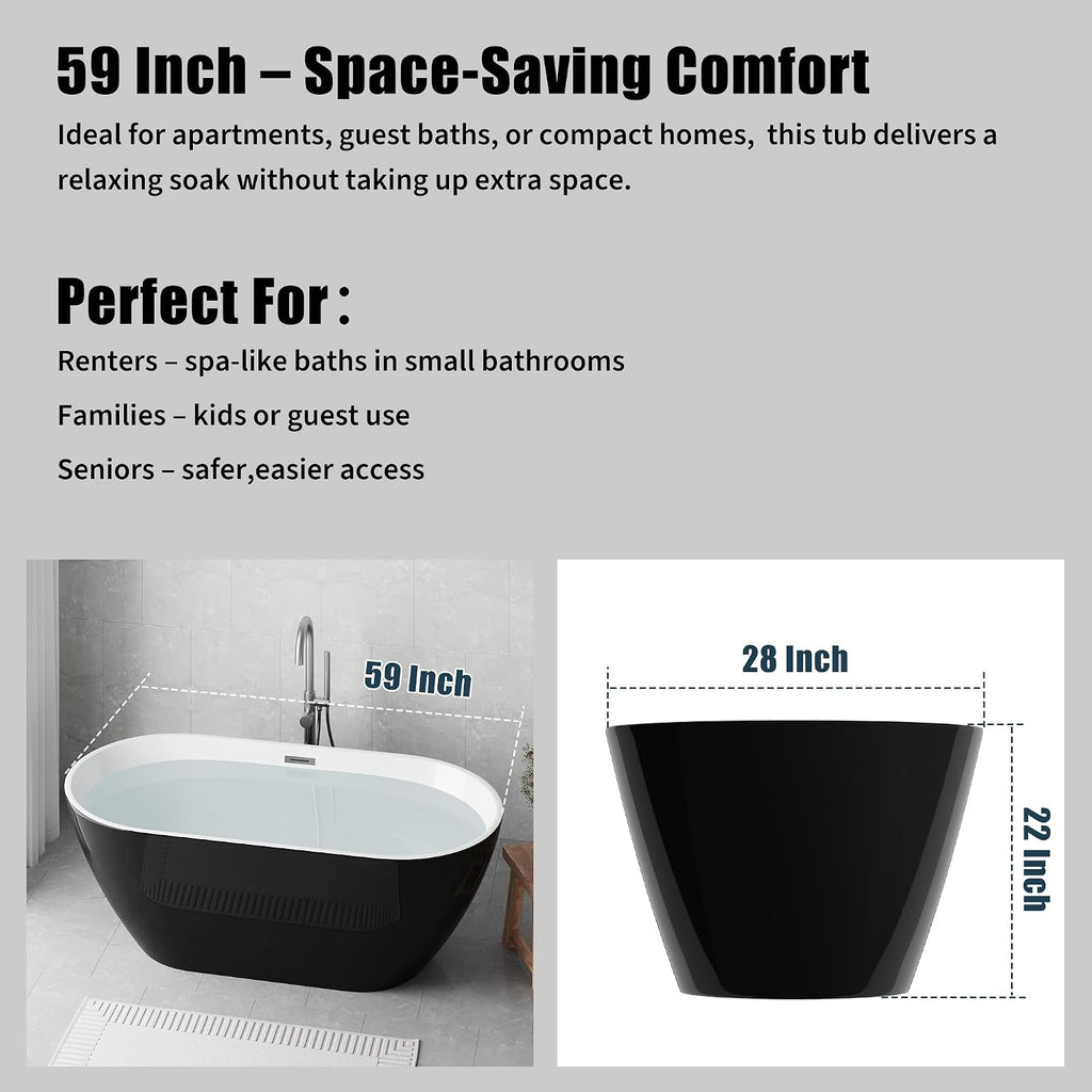Freestanding Bathtub 59 inch Black and White Acrylic Tub, Compact Soaking Bath for Bathroom Upgrade and Comfortable Home Relaxation