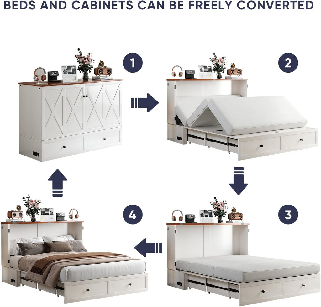 ijuicy Full Murphy Bed with Storage & Multifunctional Charging Station, Farmhouse Murphy Cabinet Bed with Foldable Panel, Space-Saving Beds for Guest Bedroom, Living Room-White & Brown, No Mattress