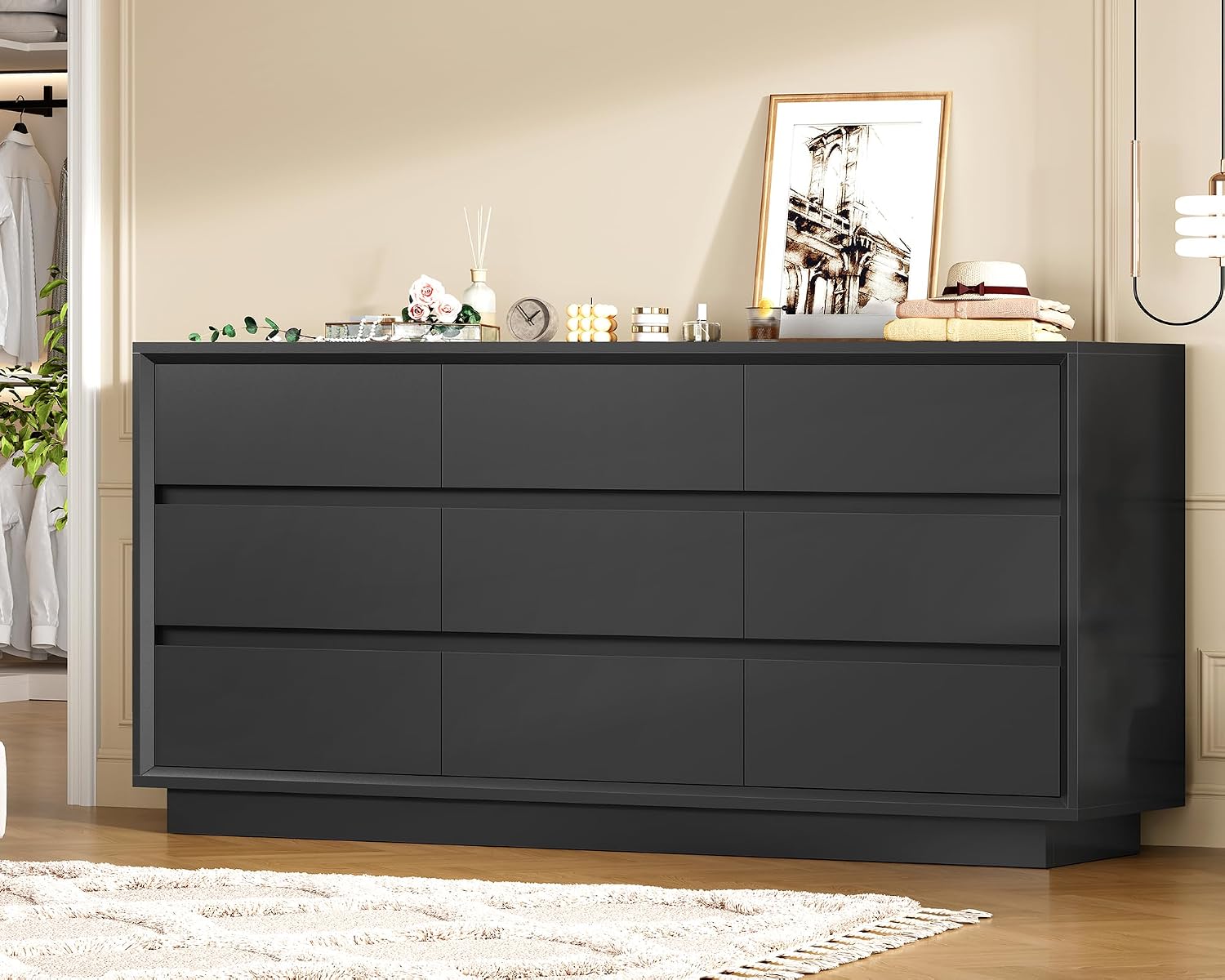 TEENFON 63' Dresser for Bedroom with 9 Drawers, Black Dresser with Metal Slide, Bedroom Dressers, Wood Dressers & Chests of Drawers for Bedroom, Hallway, Black
