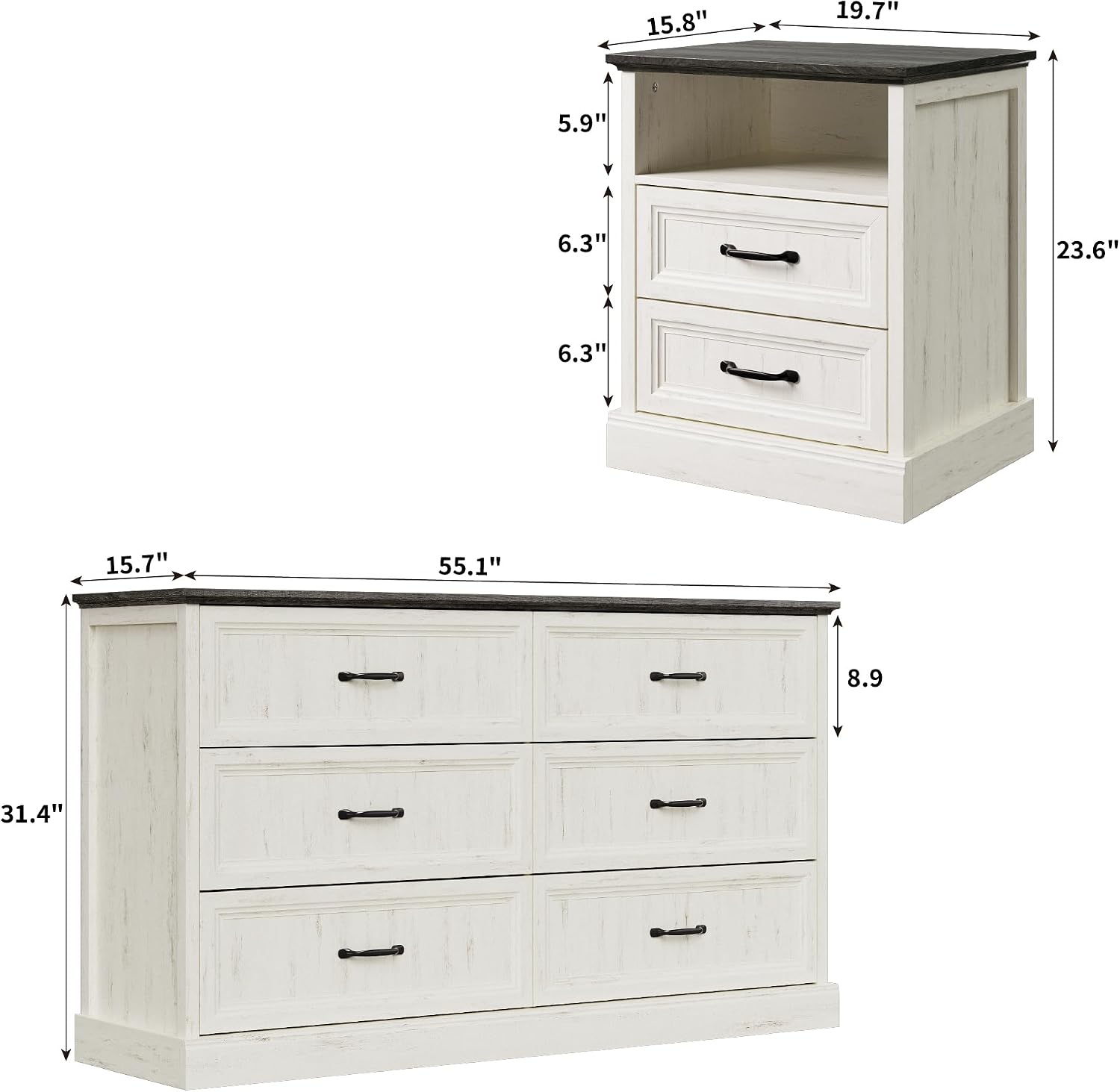 Tradare 3 Pcs Farmhouse Dresser and Nightstand Sets for Bedroom, 6 Drawer Dresser & Nightstand Set of 2, Rustic Wooden Chest of Drawers Wide Storage Organizer for Bedroom, White