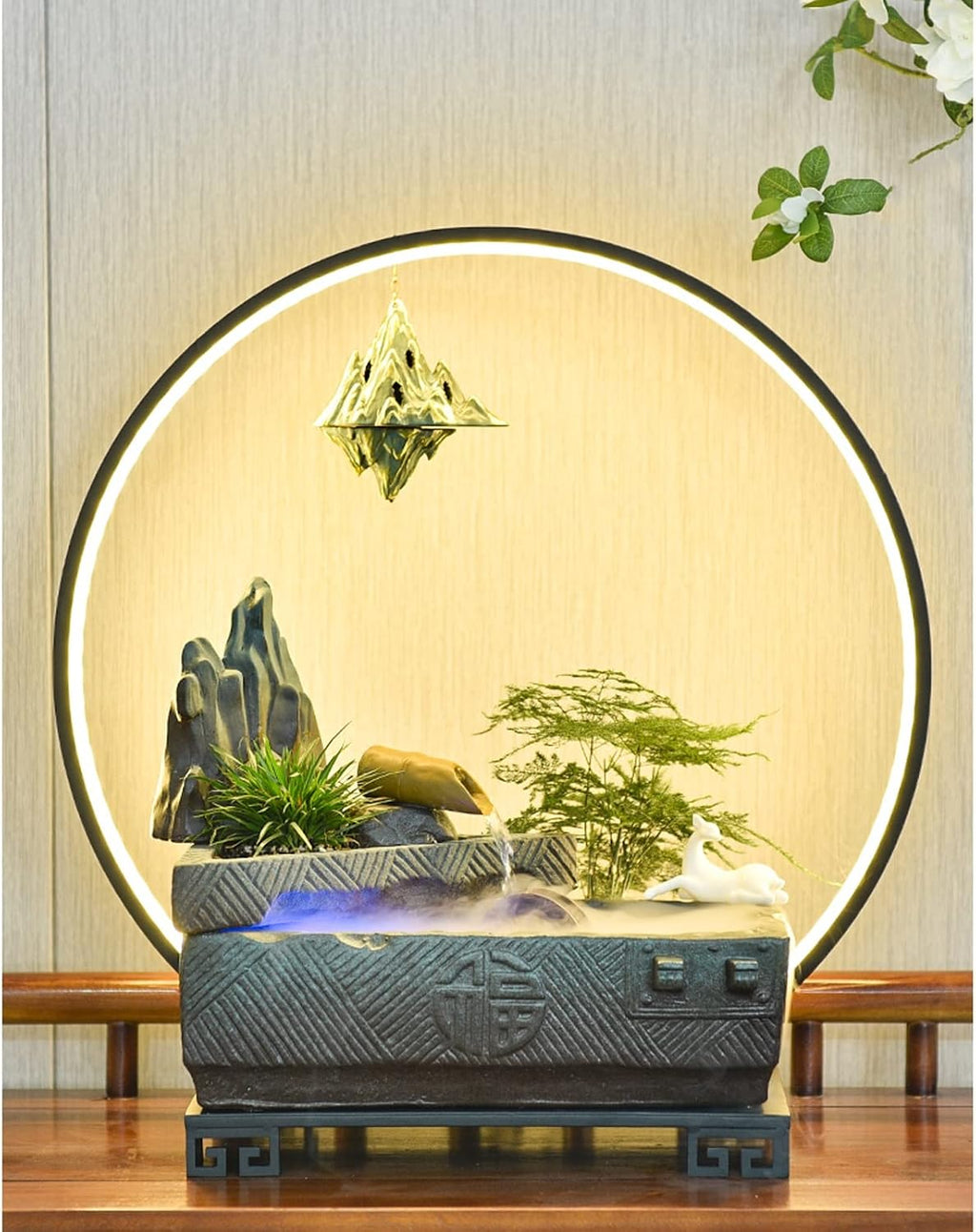 Modern Desktop Fountain, Indoor Fountain Ceramics Tabletop Fountain with LED Lights Zen Waterfall Fountains Relaxation Water Feature Meditation Desktop Fountain for Home