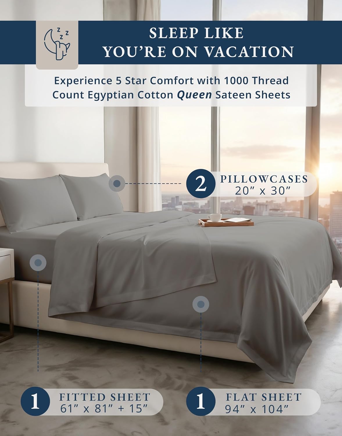 100% Egyptian Cotton Sheets Queen Size Bed Set – 1000 Thread Count Cooling & Breathable Sateen Queen Sheets Set, Authentic Long-Staple Cotton for Lasting Softness, Snug Fit 15' Deep Pocket - Charcoal