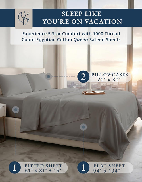 100% Egyptian Cotton Sheets Queen Size Bed Set – 1000 Thread Count Cooling & Breathable Sateen Queen Sheets Set, Authentic Long-Staple Cotton for Lasting Softness, Snug Fit 15' Deep Pocket - Charcoal