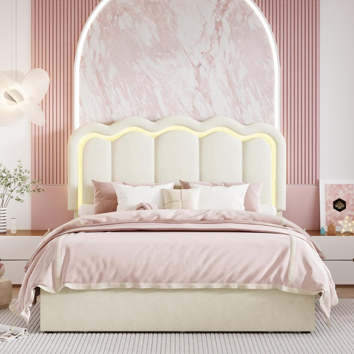 SHA CERLIN Upholstered Queen Size Bed Frame with LED Lights and Large Storage Drawer, Velvet Platform Bed with Adjustable Wavy Headboard, Noise Free, Easy Assembly, No Box Spring Needed, Soft Cream