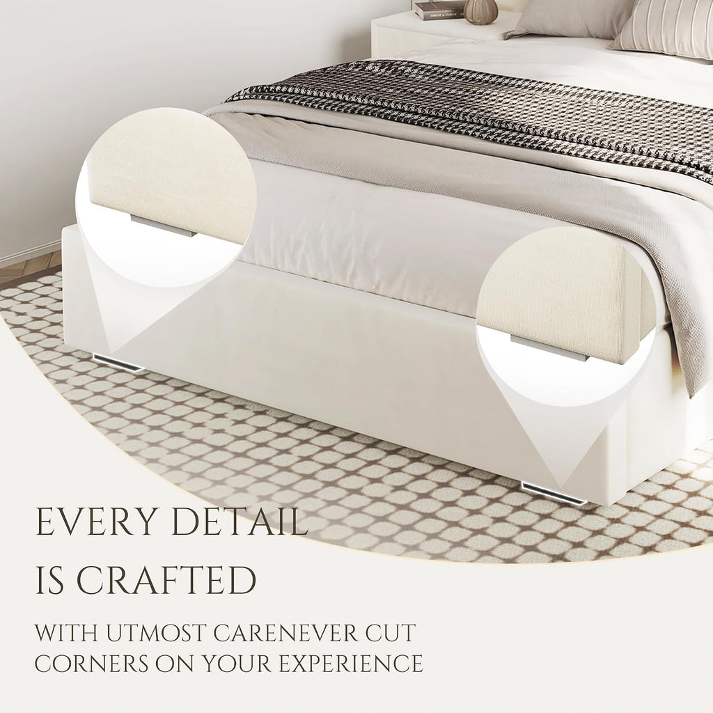 Luxurious Queen Platform Bed Frame, Velvet Upholstered Headboard with 2 Built-in Wall Sconces & Nightstands, Sturdy Metal & Solid Wood Frame, Squeak-Free, No Box Spring Needed, Beige White