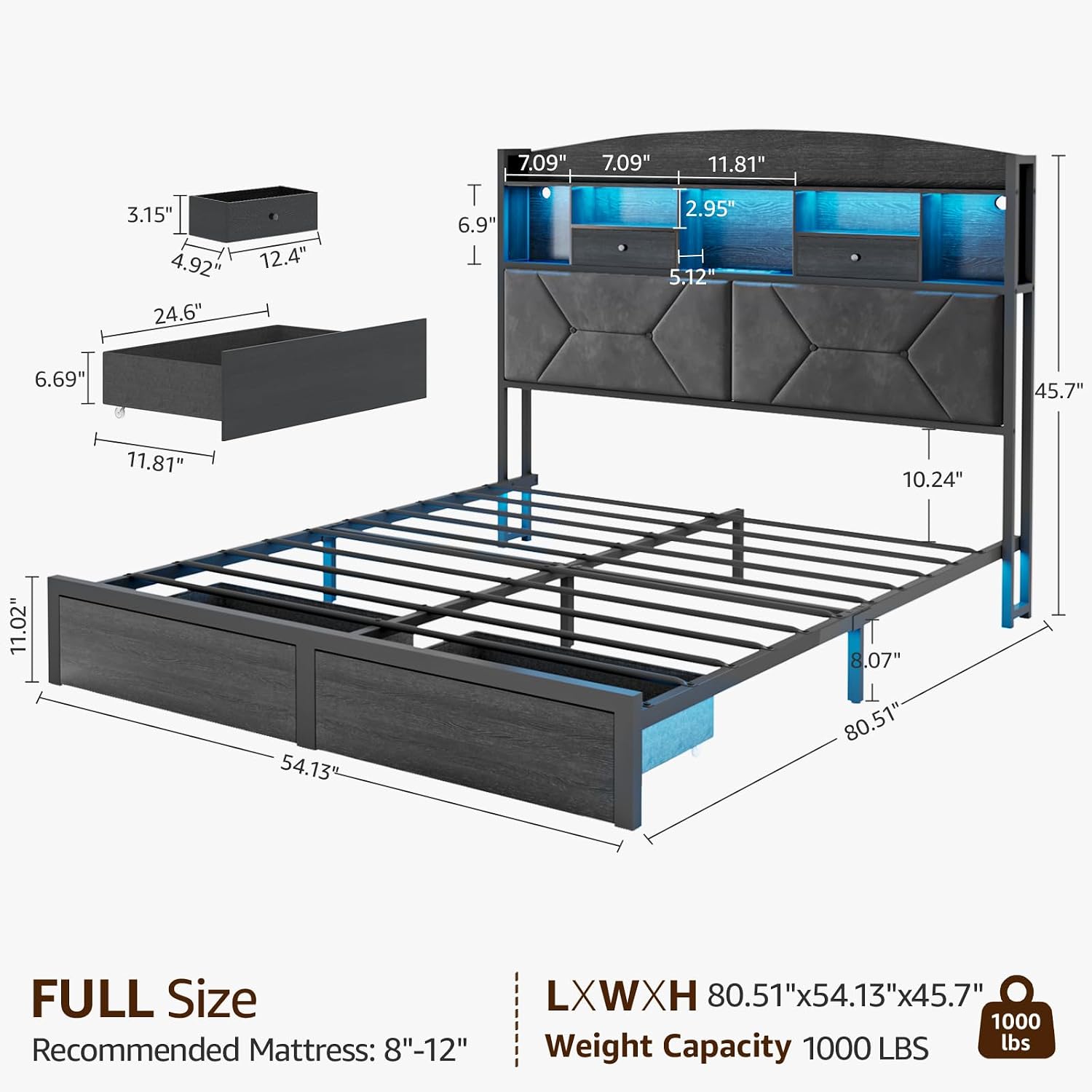 DOGIBIXO Full Size Black Bed Frame with 4 Storage, Upholstered Velvet Platform Bed Frames with Button Tufted Headboard Led Lights, Wooden Slats Support, No Box Spring Needed, Black