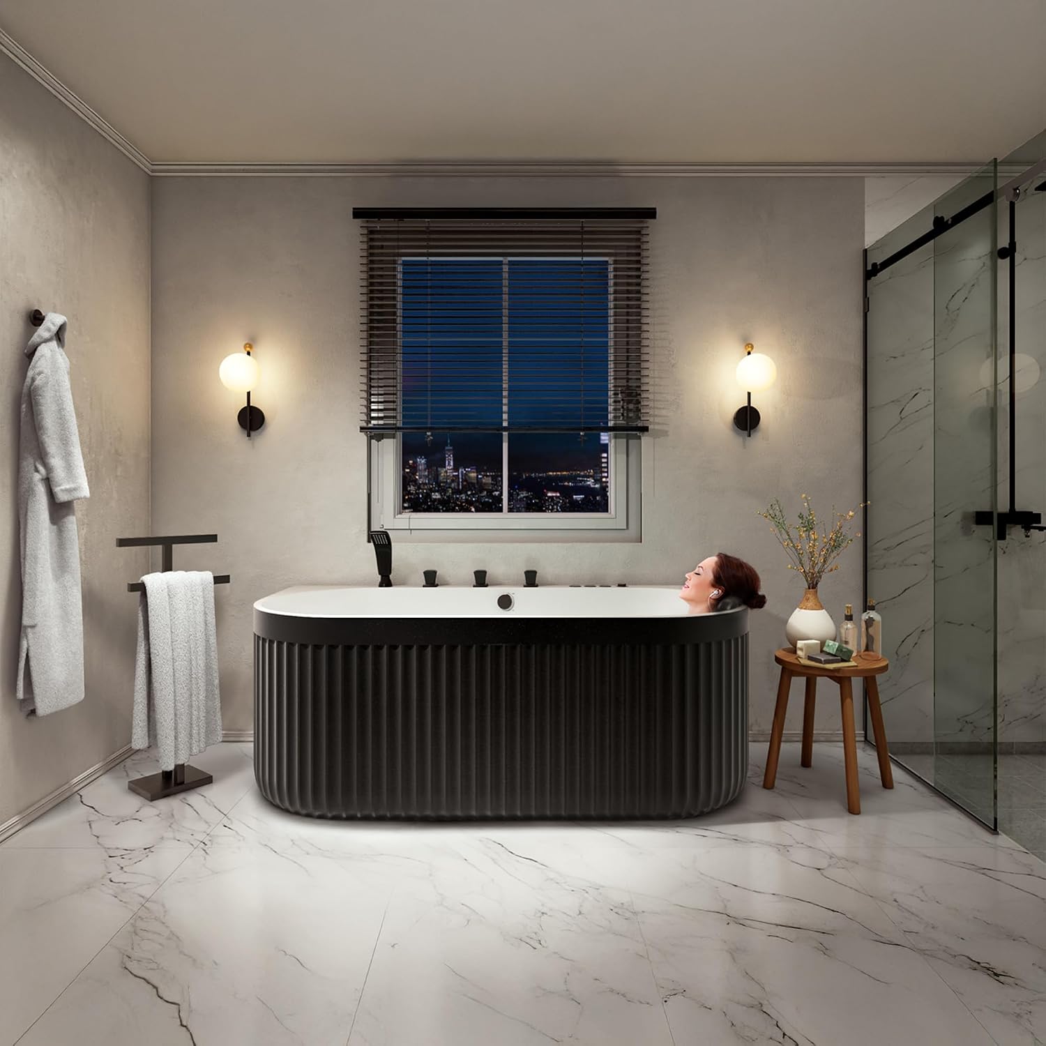 ANZZI 67 in. x 32 in. Flat Bottom Stone Resin Freestanding 92 Gallon Combination Bathtub with Center Drain in Black and White