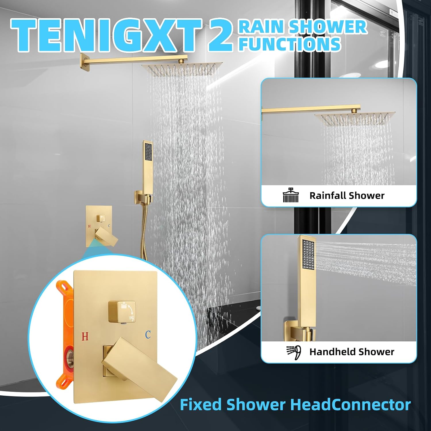 Bathroom Shower Faucet Set，12 Inch Rain Shower Head with Handheld Spray，Brass Shower Valve Trim Kit，Wall Mounted Square Rain Shower System (Brushed Gold)