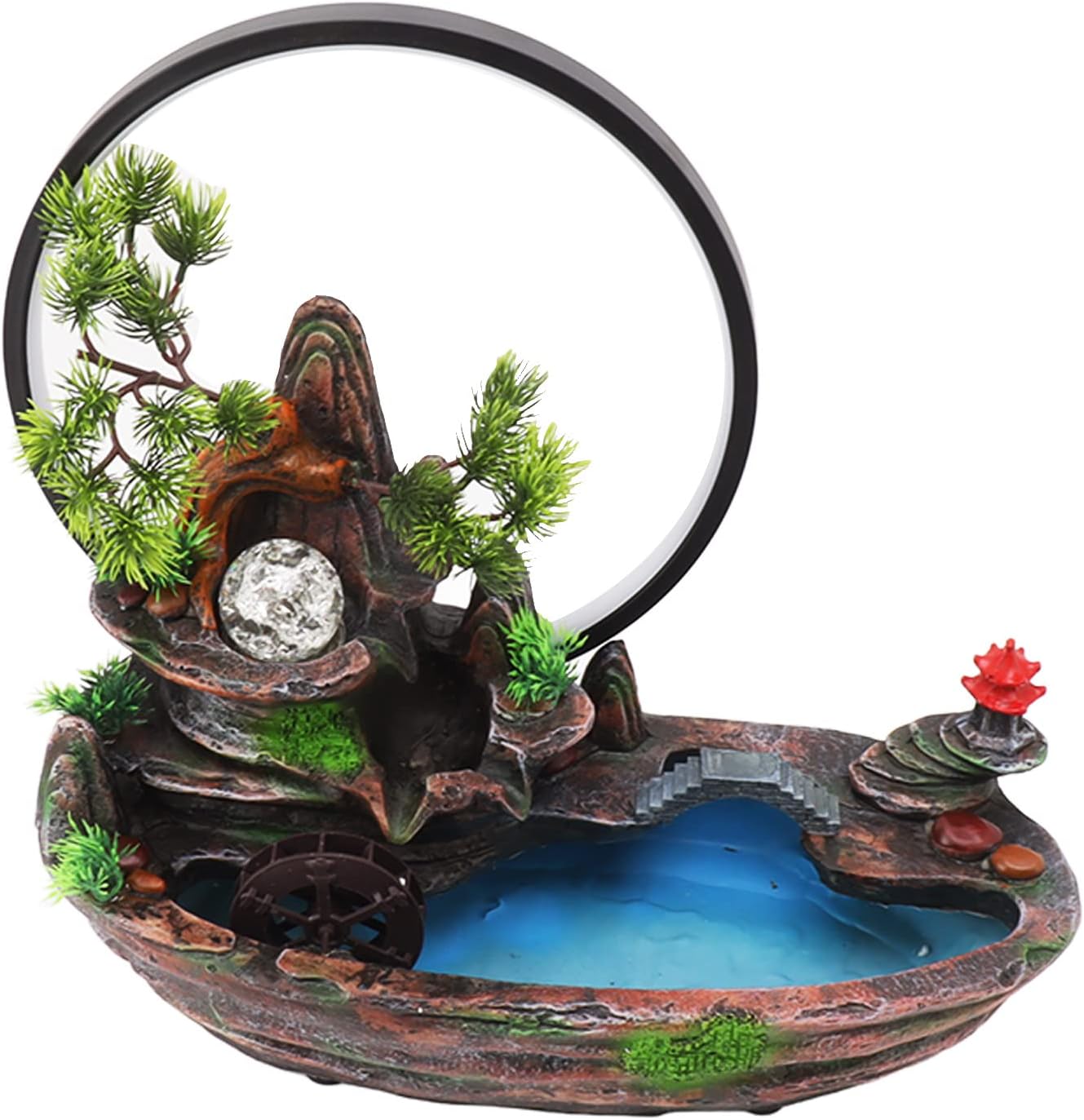 Walfront Waterfall Fountain Decoration, Waterfall Fountain, Waterfall Fountain LED Light Indoor Tabletop Fountain with Plants Mountain Lamp Loop Resin Desktop Waterfall Ornament for