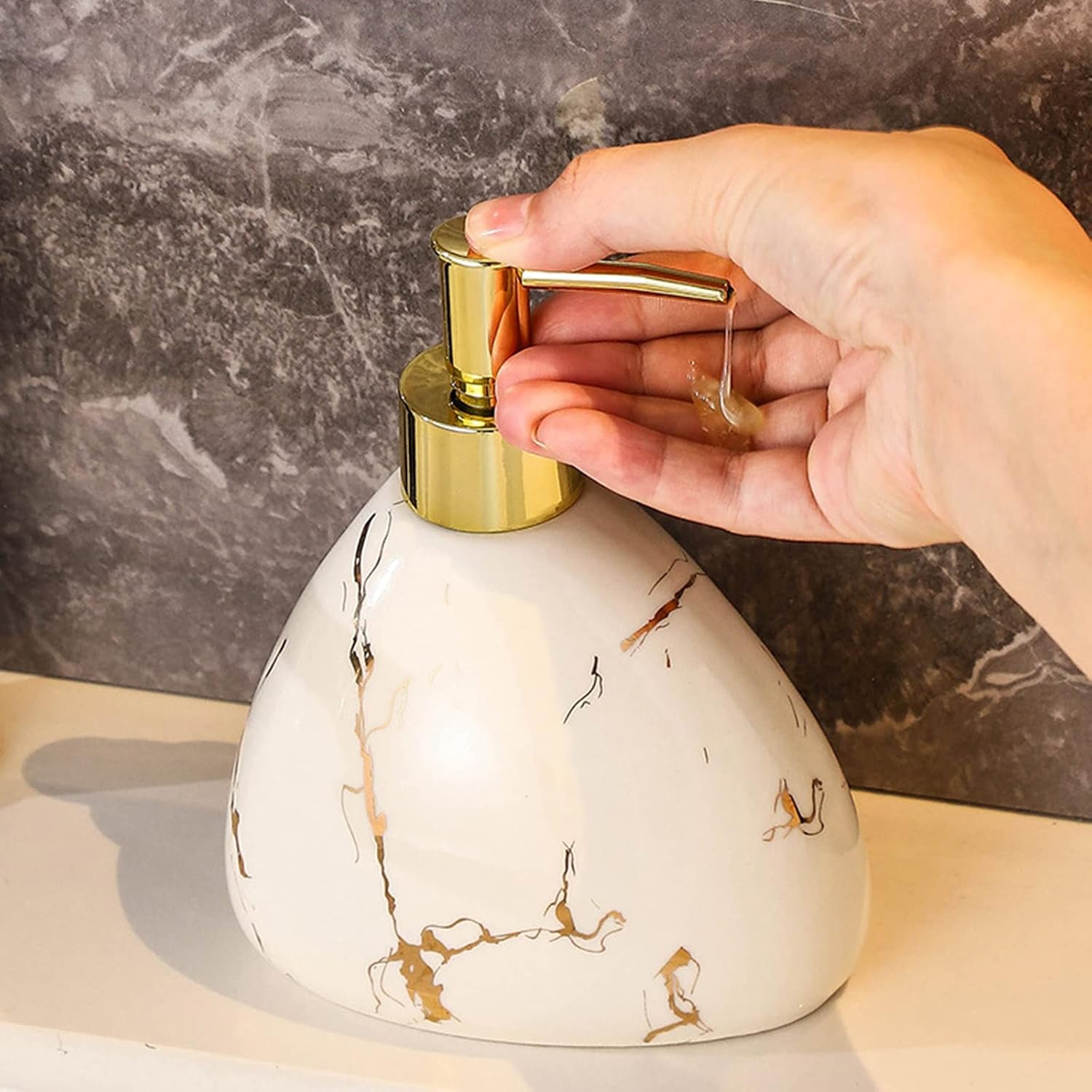 6 Piece Bathroom Soap Dispenser and Toothbrush Holder Set, Ceramic Soap Dispenser, Vanity Countertop Accessory Toothbrush Holder Set with Marble Look -Beige