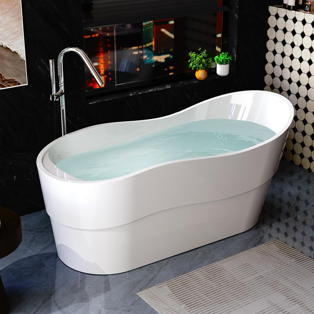 Empava Bathtub, 67' Soaking Tub, Acrylic Free Standing Tub with End Drain and Overflow, Contemporary Design Bathtub for Bathroom, cUPC Certified, Glossy White
