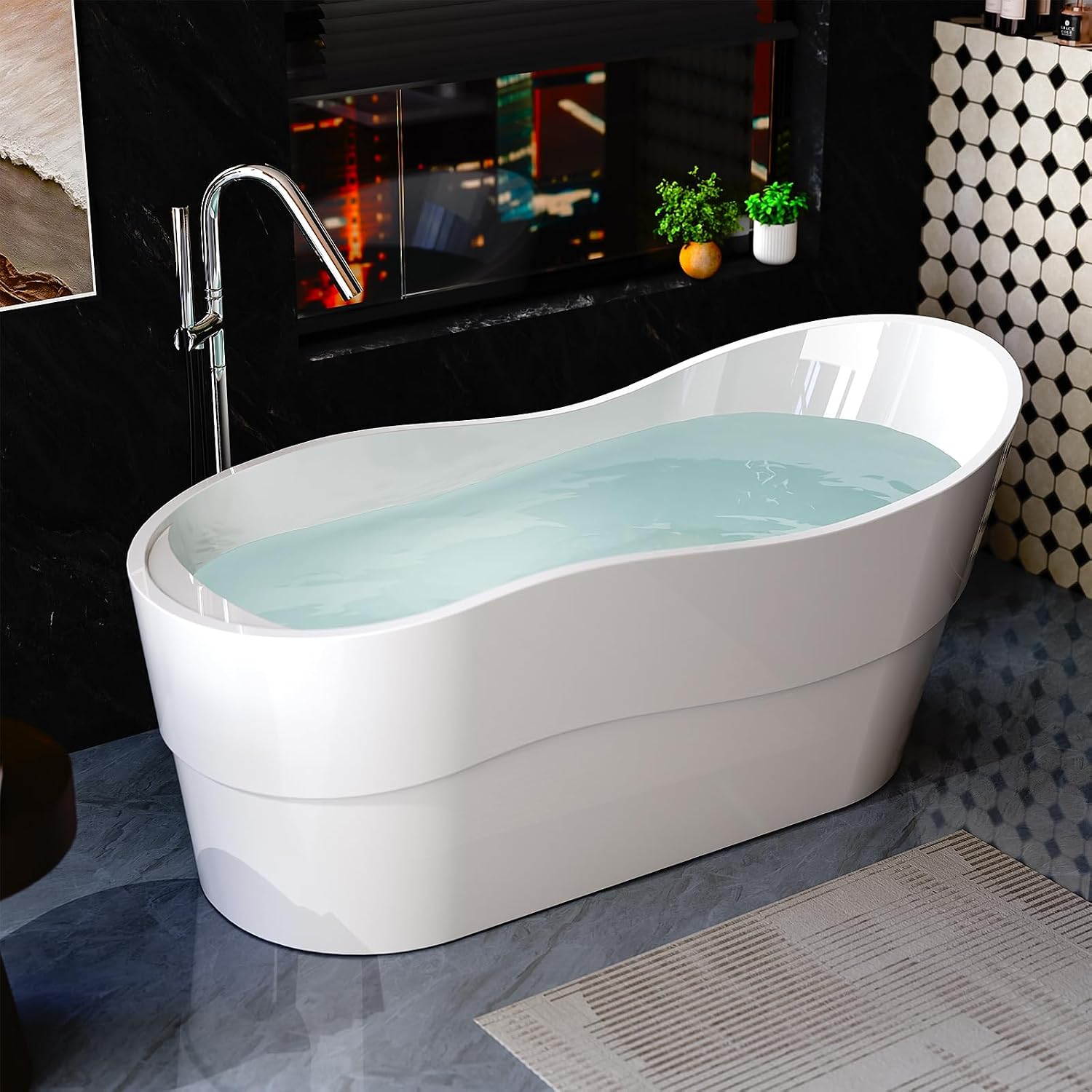Empava Bathtub, 67' Soaking Tub, Acrylic Free Standing Tub with End Drain and Overflow, Contemporary Design Bathtub for Bathroom, cUPC Certified, Glossy White