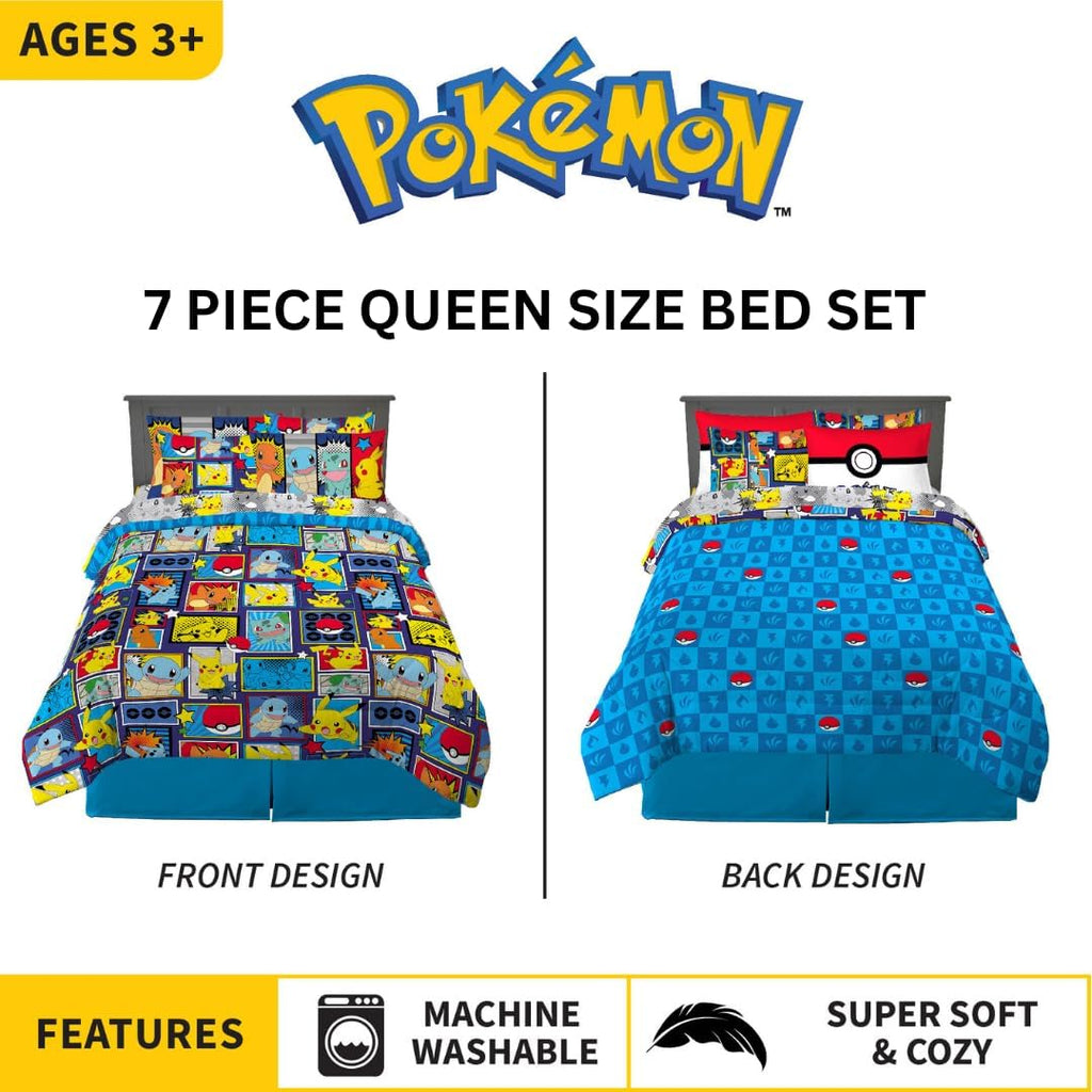 Pokémon Pikachu Queen Size Bedding Set – Kids Bedding Super Soft Cozy Reversible Comforter and Sheet Set with Sham, 7 Piece Queen Size, (Officially Licensed Product) by Franco