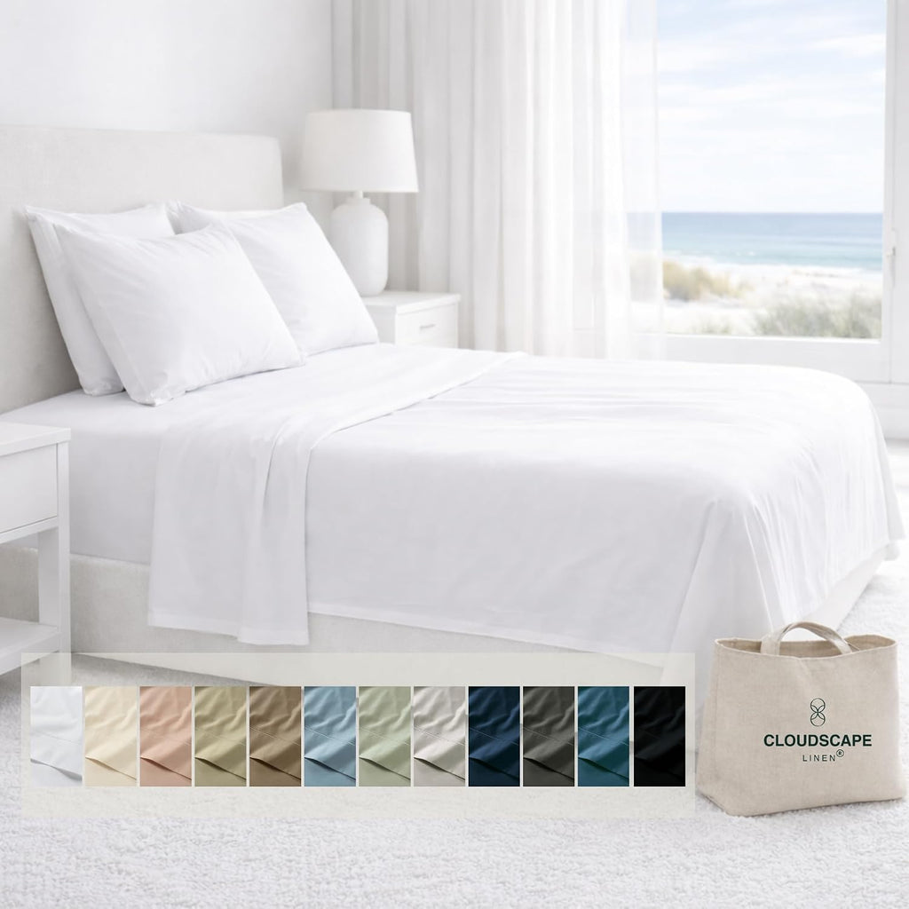 CLOUDSCAPE 100% Egyptian Cotton Sheets California King Size, 4 Pieces Breathable and Naturally Cooling Bedding Set, Long-Staple Cotton for Ultra Soft, Deep Pocket Fitted up to 16', White