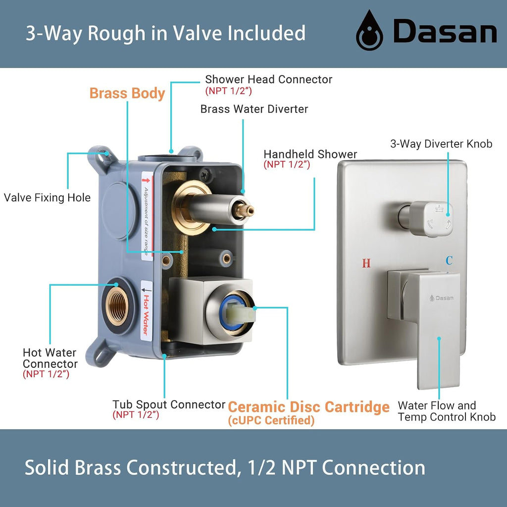 DASAN Tub Shower Faucets Sets Complete Brushed Nickel Bathtub Shower System with Waterfall Tub Spout, Bathtub Faucet Set Tub and Shower Faucet Combo Trim Kit with Valve, DA-SS04BN-S10W