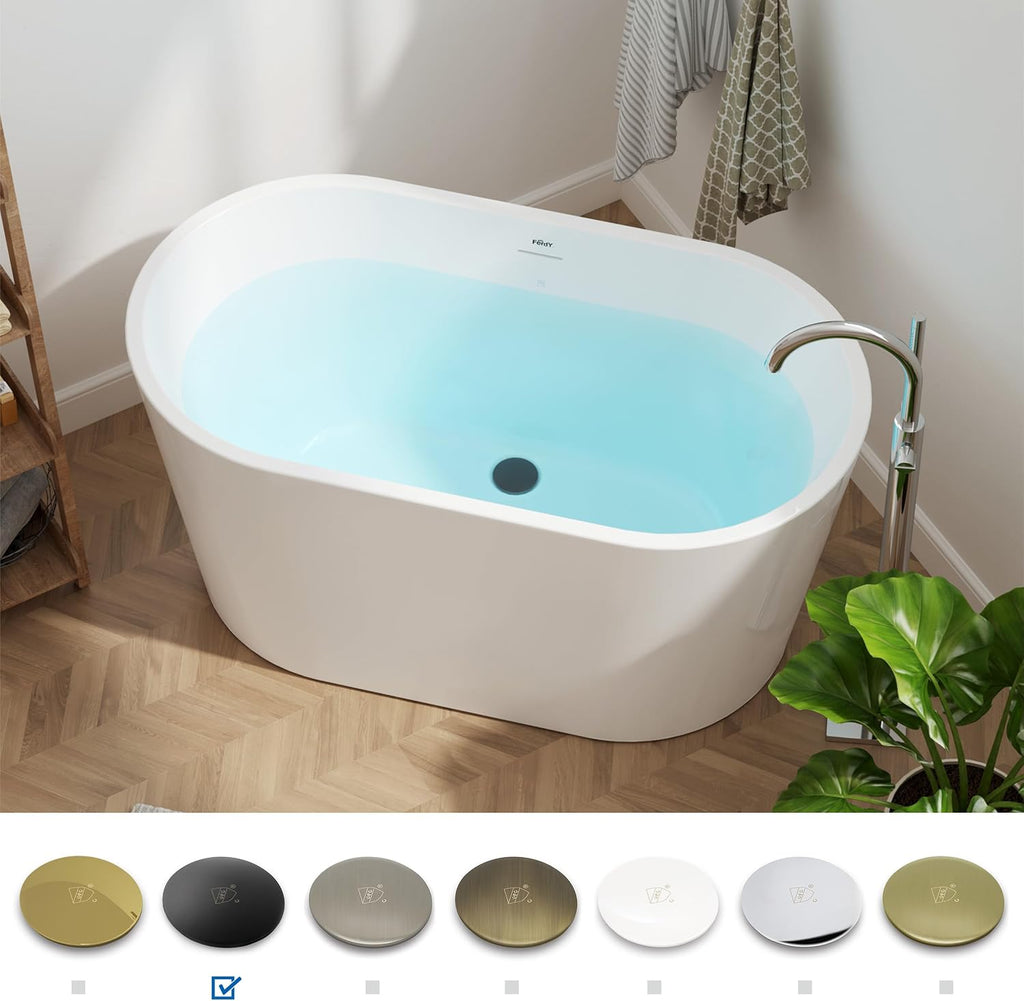 FerdY Shangri-La 47' Acrylic Freestanding Bathtub, Small Classic Oval Shape Acrylic Soaking Bathtub with Matte Black Drain & Minimalist Linear Design Overflow, Modern White, cUPC Certified