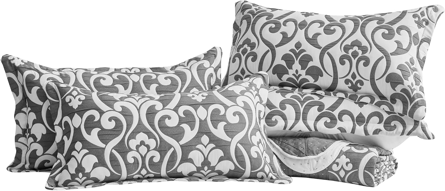 Chezmoi Collection Oversized Bedspread 128x120, Jacquard Matelasse Floral Damask Design, 5-Piece Lightweight Reversible Microfiber Coverlet Set Textured Dot Border, Super King, Dark Gray/White
