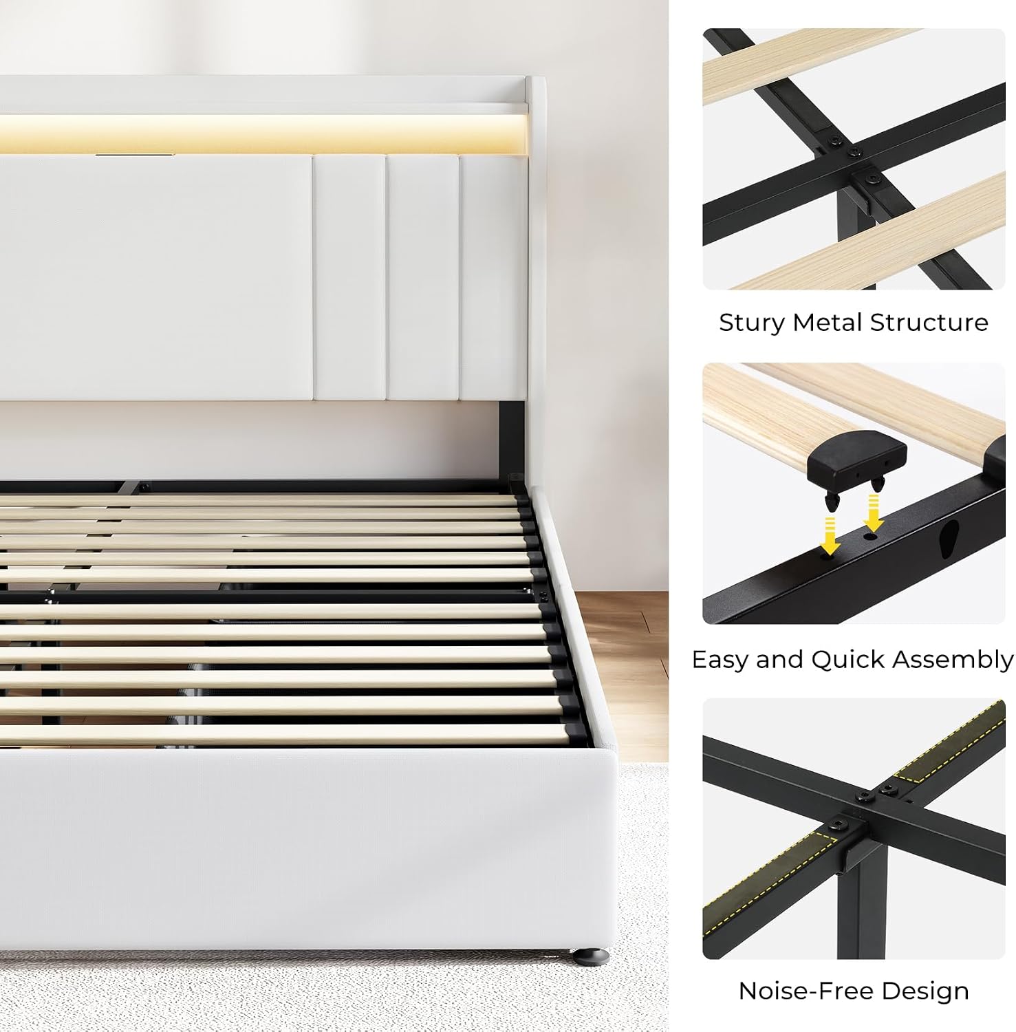 koorlian King Size Bed Frame with Storage, 51'' Tall Headboard Upholstered Platform Bed with 4 Dustproof Drawers, 2-Tier Storage Headboard Wingback, LED Light, Charging Station, Easy Assembly, White