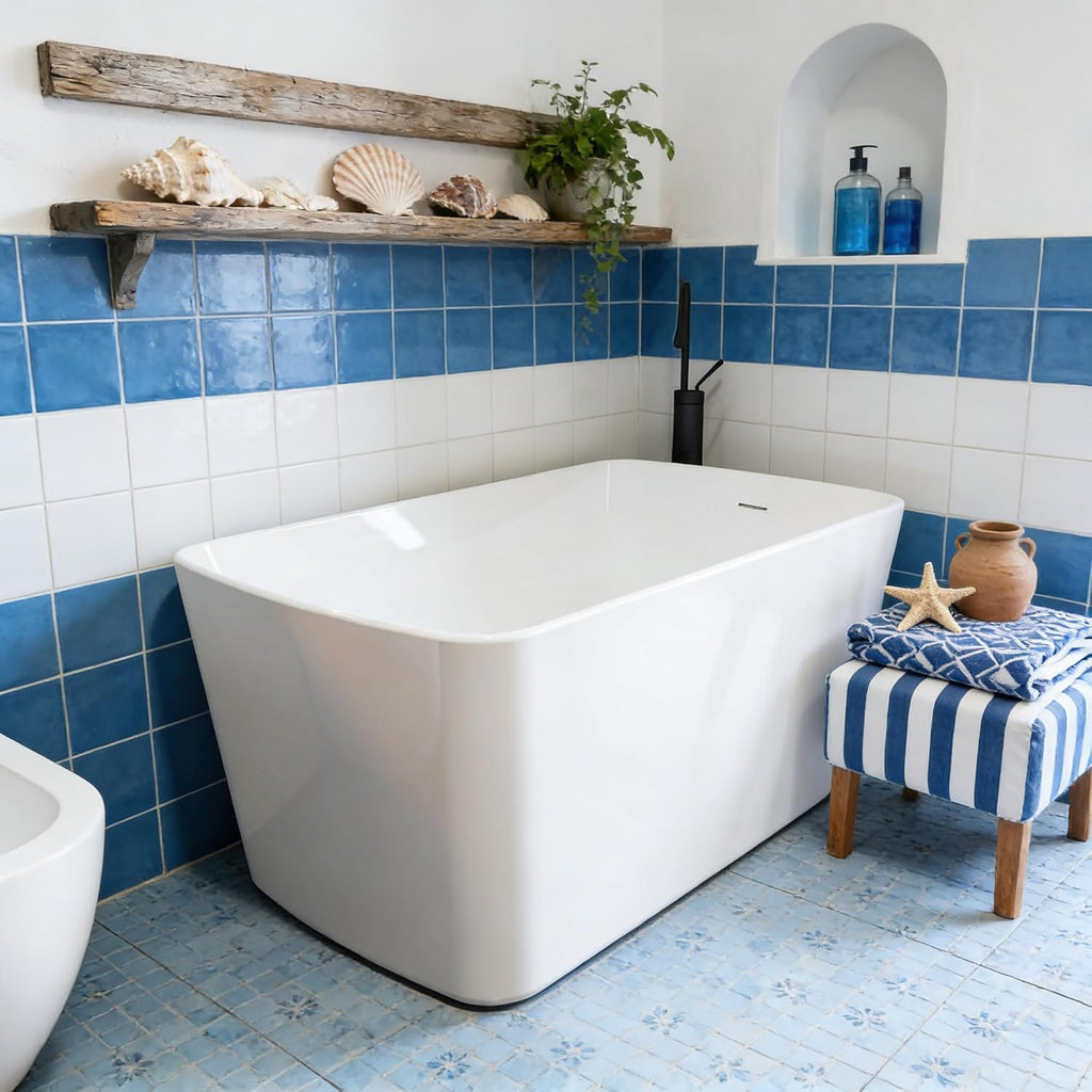 Acrylic Freestanding Bathtub, Soaking Tub with Seat, Toe-Tap Drain, Slotted Overflow, Deep Ergonomic Design, cUPC Certified, Glossy White, 49'
