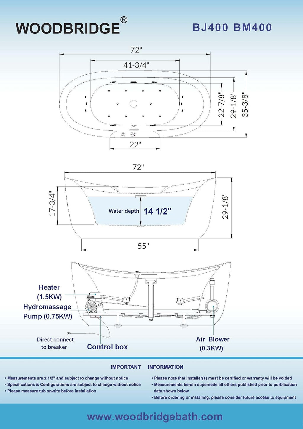 WOODBRIDGE 72' x 35-3/8' Whirlpool Water Jetted and Air Bubble Freestanding Heated Soaking Combination Bathtub with LED control panel,Matte Black drain and overflow,BM-400