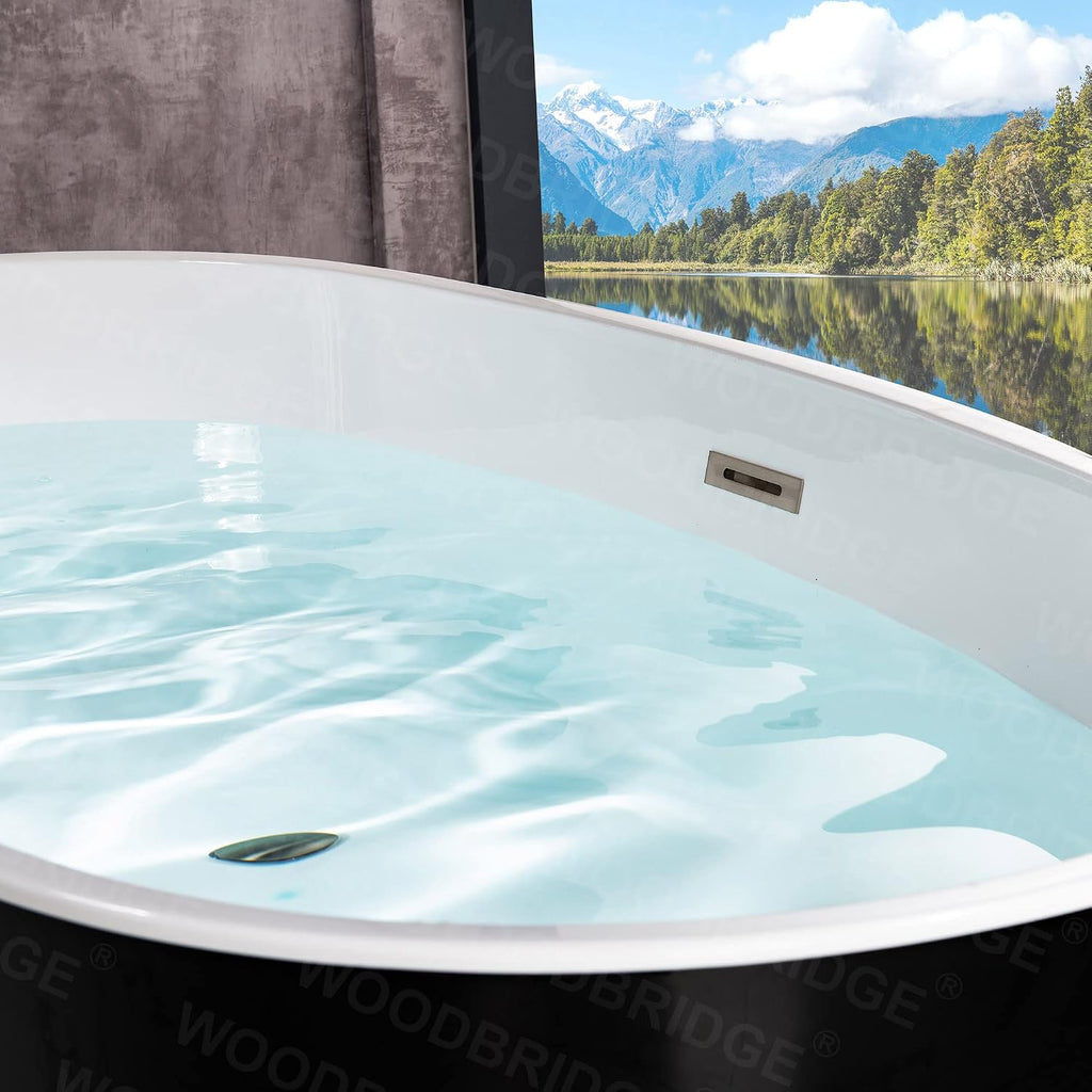 WOODBRIDGE 59' Acrylic Freestanding Bathtub Contemporary Soaking Black Tub with Brushed Nickel Overflow and Drain,Black,B1818-BN