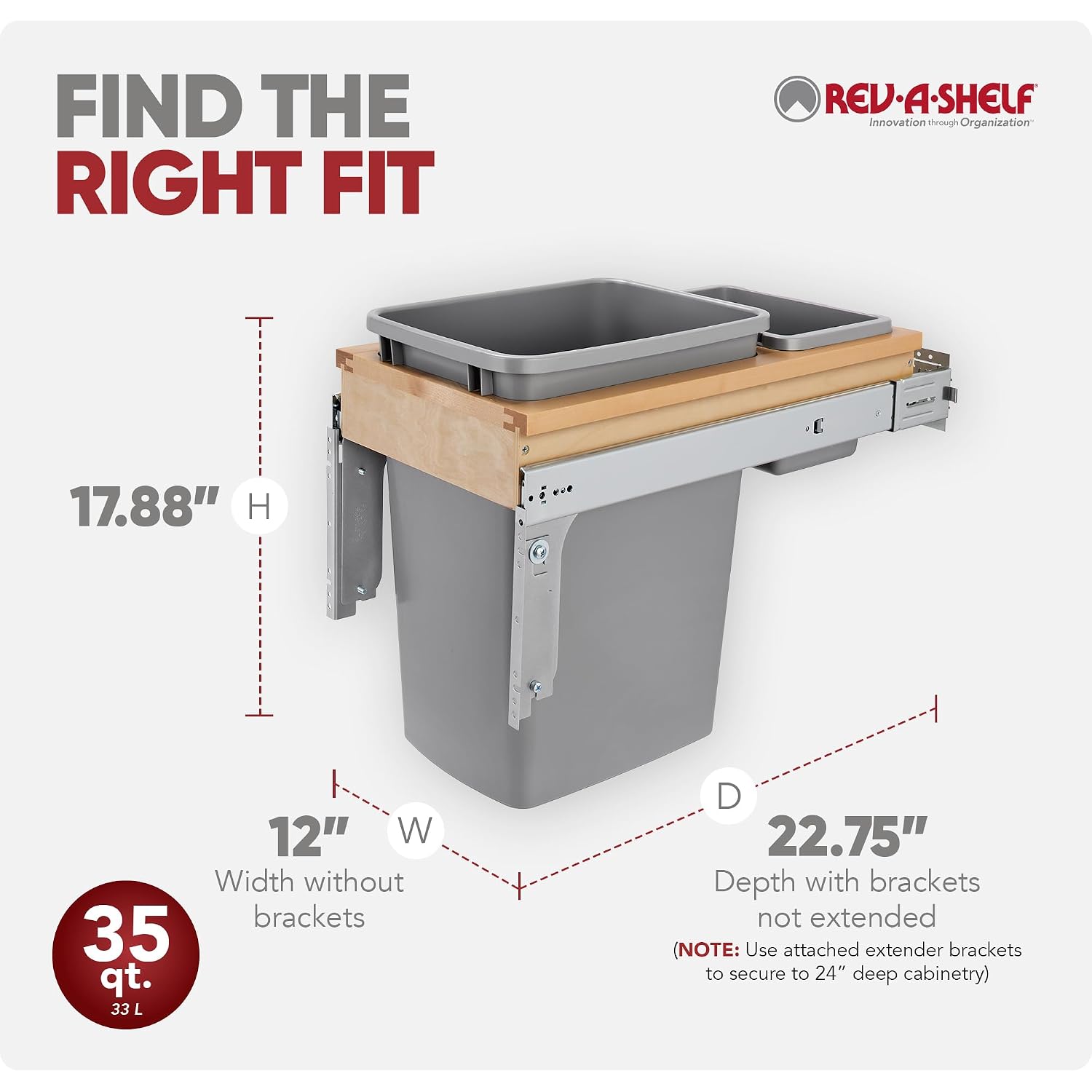 Rev-A-Shelf 35 Qt Top Mount Single Pullout Under Cabinet Kitchen Trash Cans w/Soft-Close for Base Cabinets,150 Pound Rated Full-Extension Slides, Min Opening Width of 12', Silver, 4WCTM-12BBSCDM1