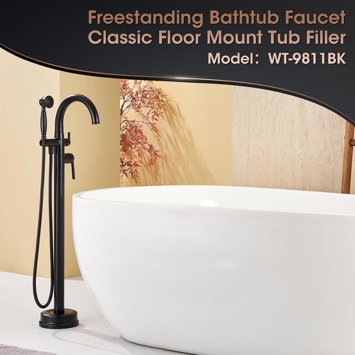 Freestanding Bathtub Faucet Matte Black Floor Mount Tub Faucets High Flow Max 6.6GPM/60PSI Vintage Hand Shower&Swivel Spout