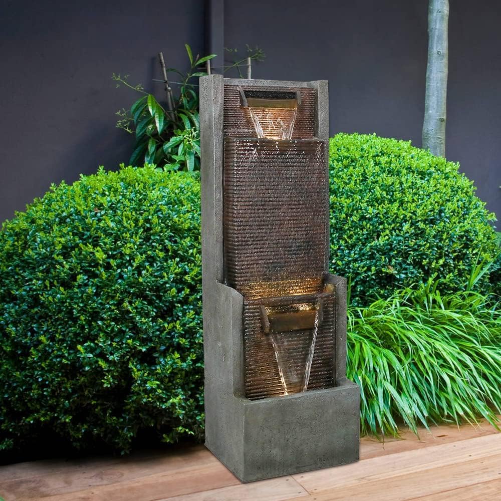 Modern Outdoor Garden Waterfalls Fountains and Indoor Floor Water Fountain with LED Lights Fountain Outdoor Garden for Office,House, Patio, Backyard, and Home Art Decor Dark Brown