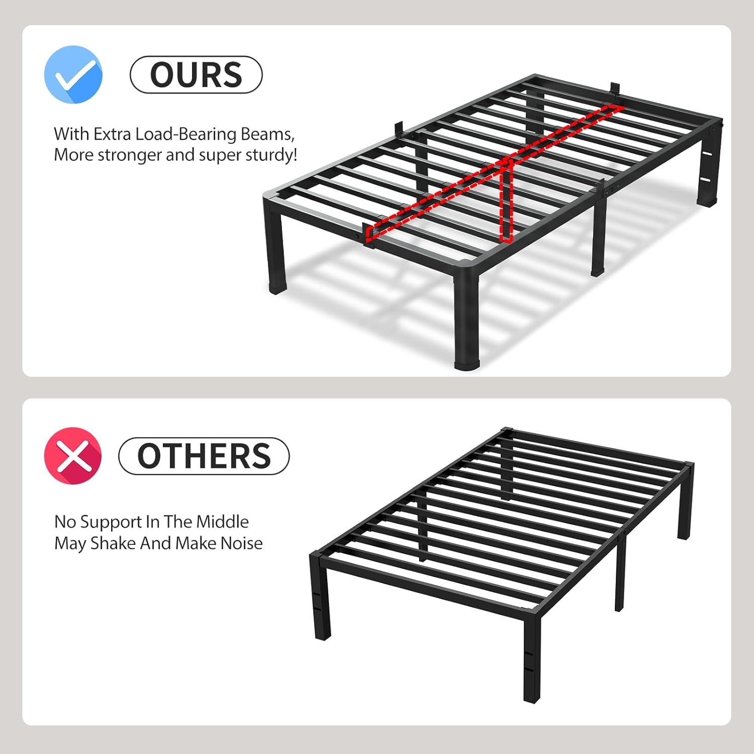 VIPSHOW 18 Inch Twin XL Bed Frame, 3500Lbs Heavy Duty Metal Platform with Round Corner Legs Mattress Slide Stopper, Steel Slat Support No Box Spring Needed, Noise Free, Non-Slip, Easy Assembly