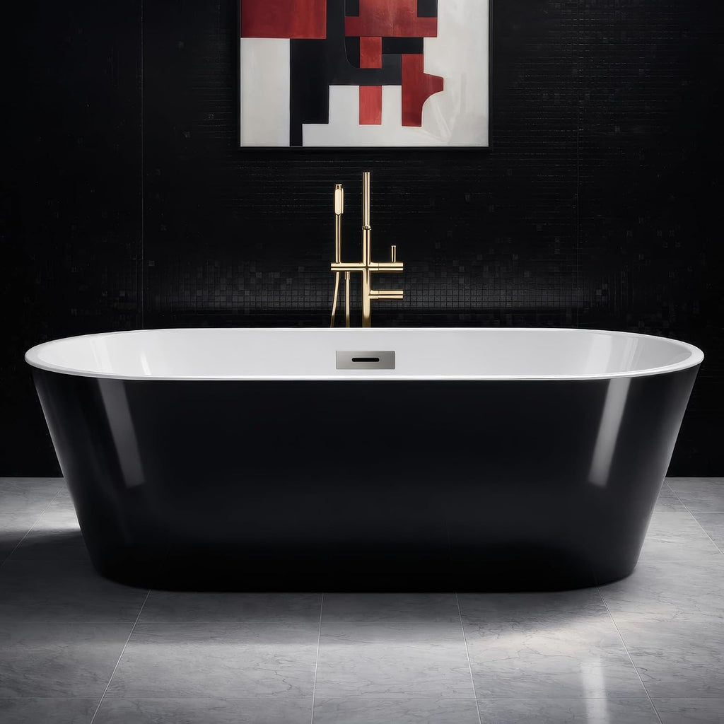 59' Free Standing Tub, Acrylic Soaking Bathtub, Stand Alone Freestanding Tub with Matte Sliver Drain and Overflow, Contemporary Bathtub for Bathroom, Black